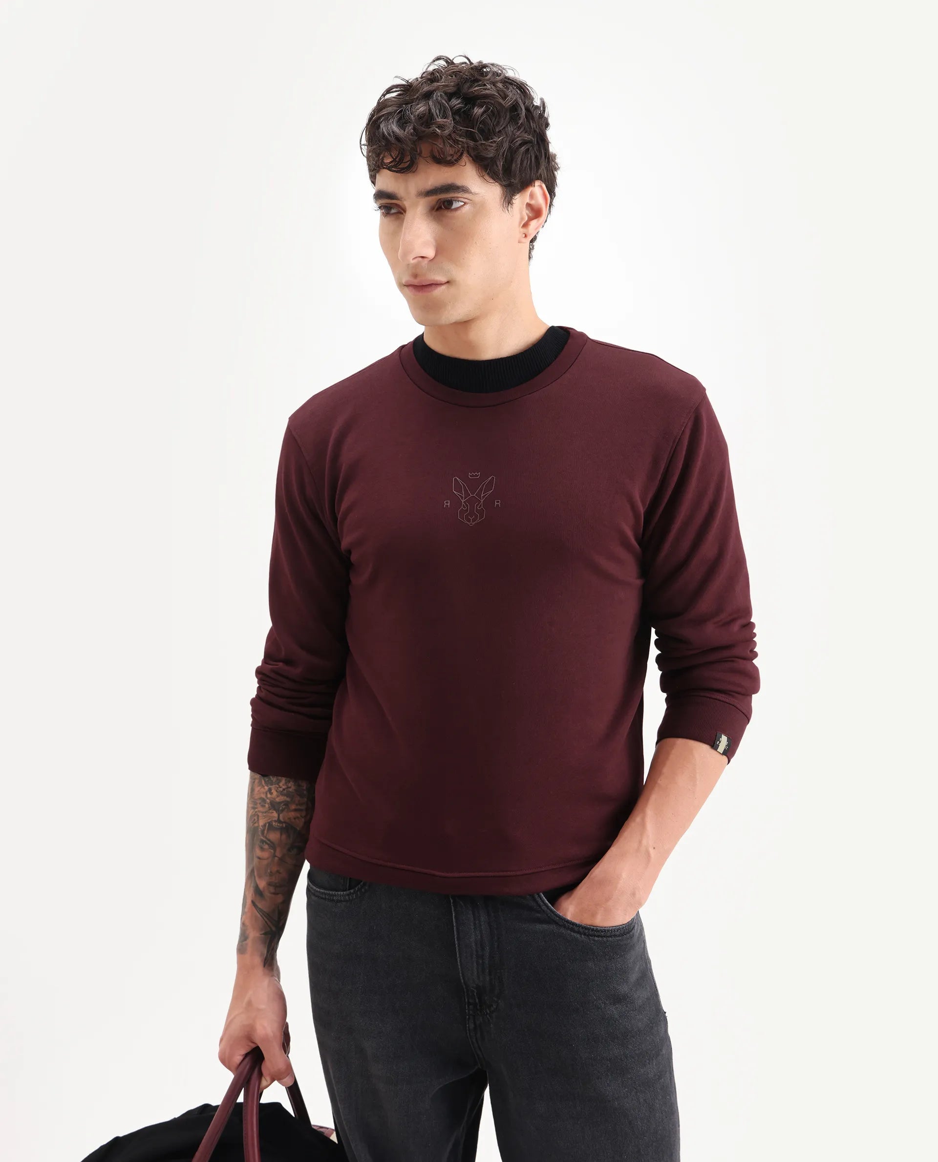 Rare Rabbit Men's Zen Maroon Cotton Plain Regular Fit Full Sleeve Crew Neck Sweatshirt