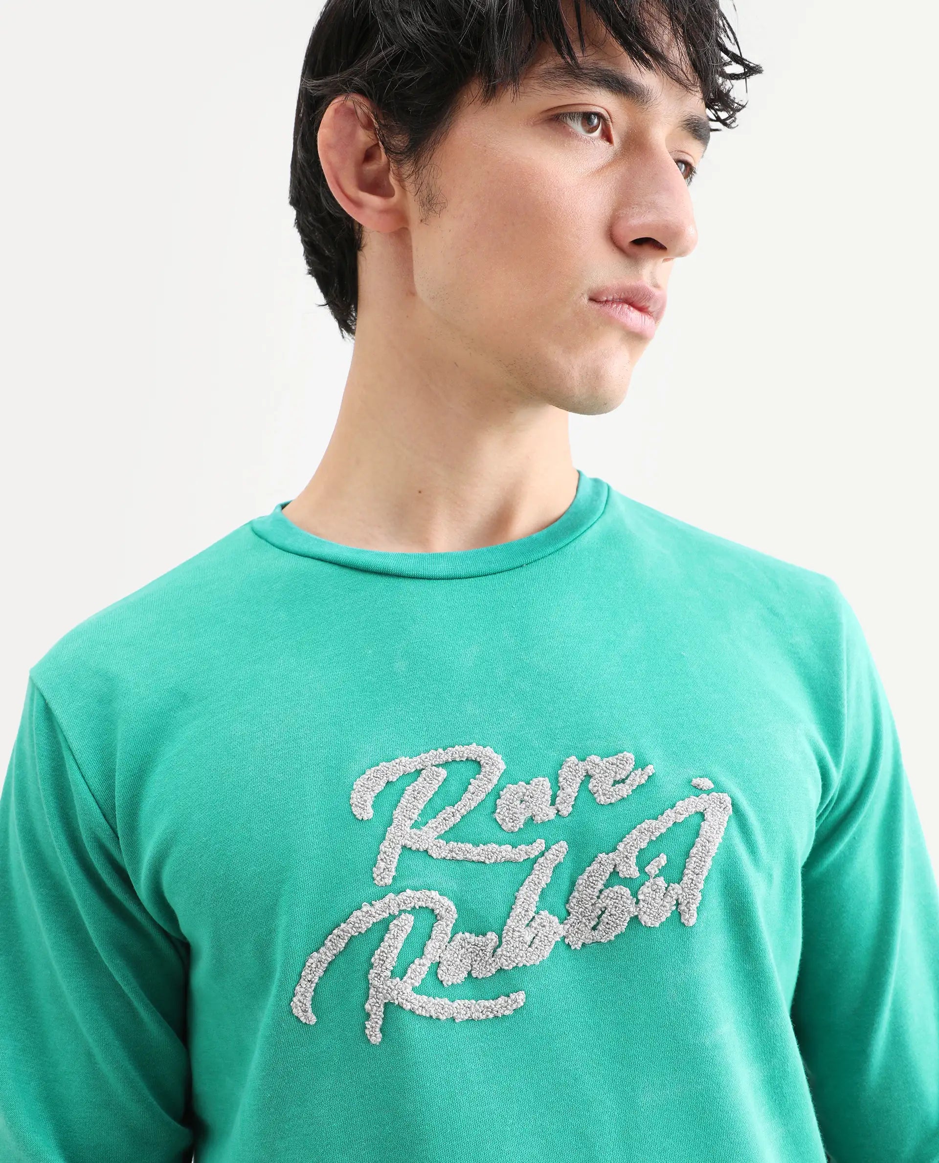 Rare Rabbit Men's Fern Green Cotton Embroidered Slim Fit Full Sleeve Crew Neck Sweatshirt