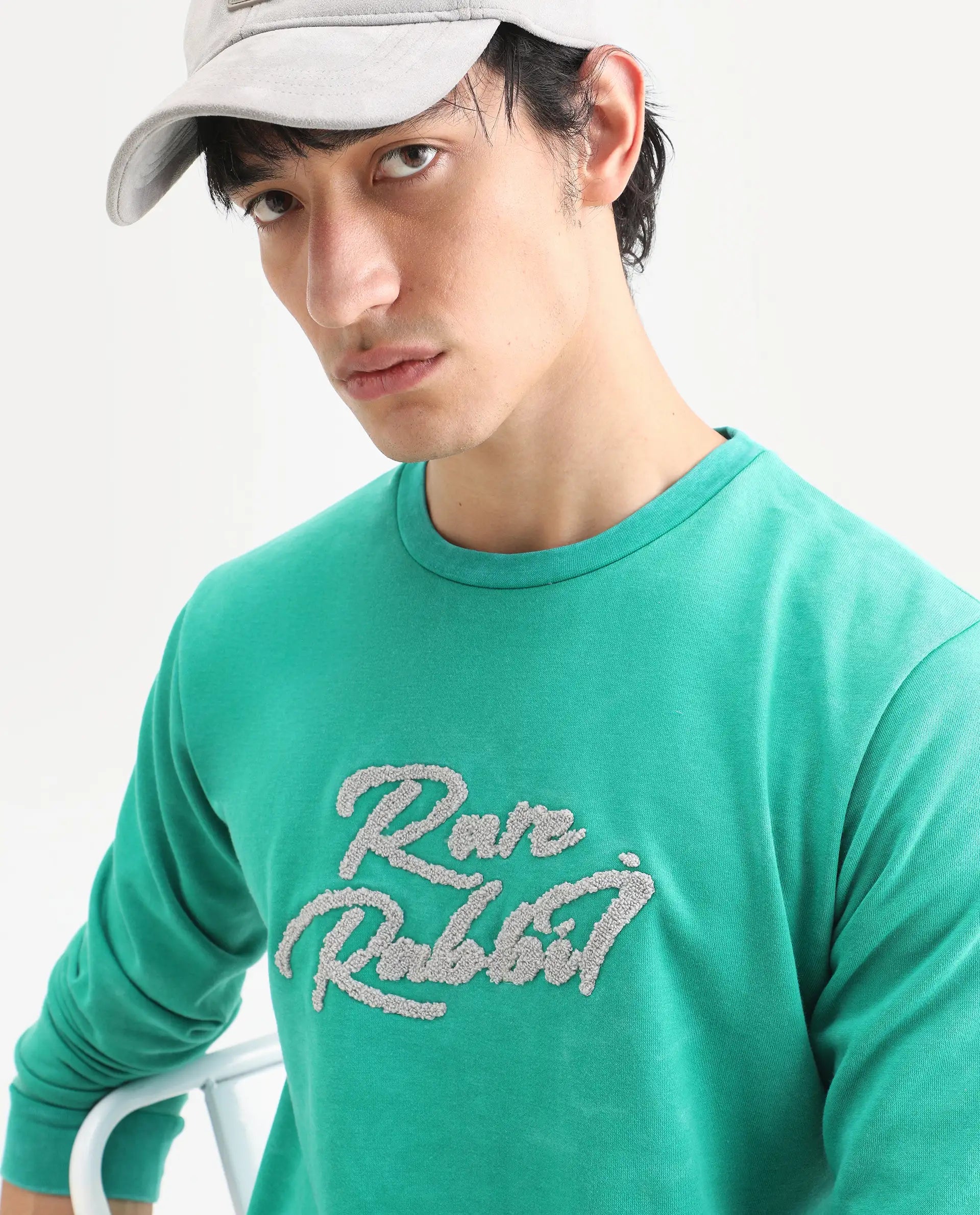Rare Rabbit Men's Fern Green Cotton Embroidered Slim Fit Full Sleeve Crew Neck Sweatshirt