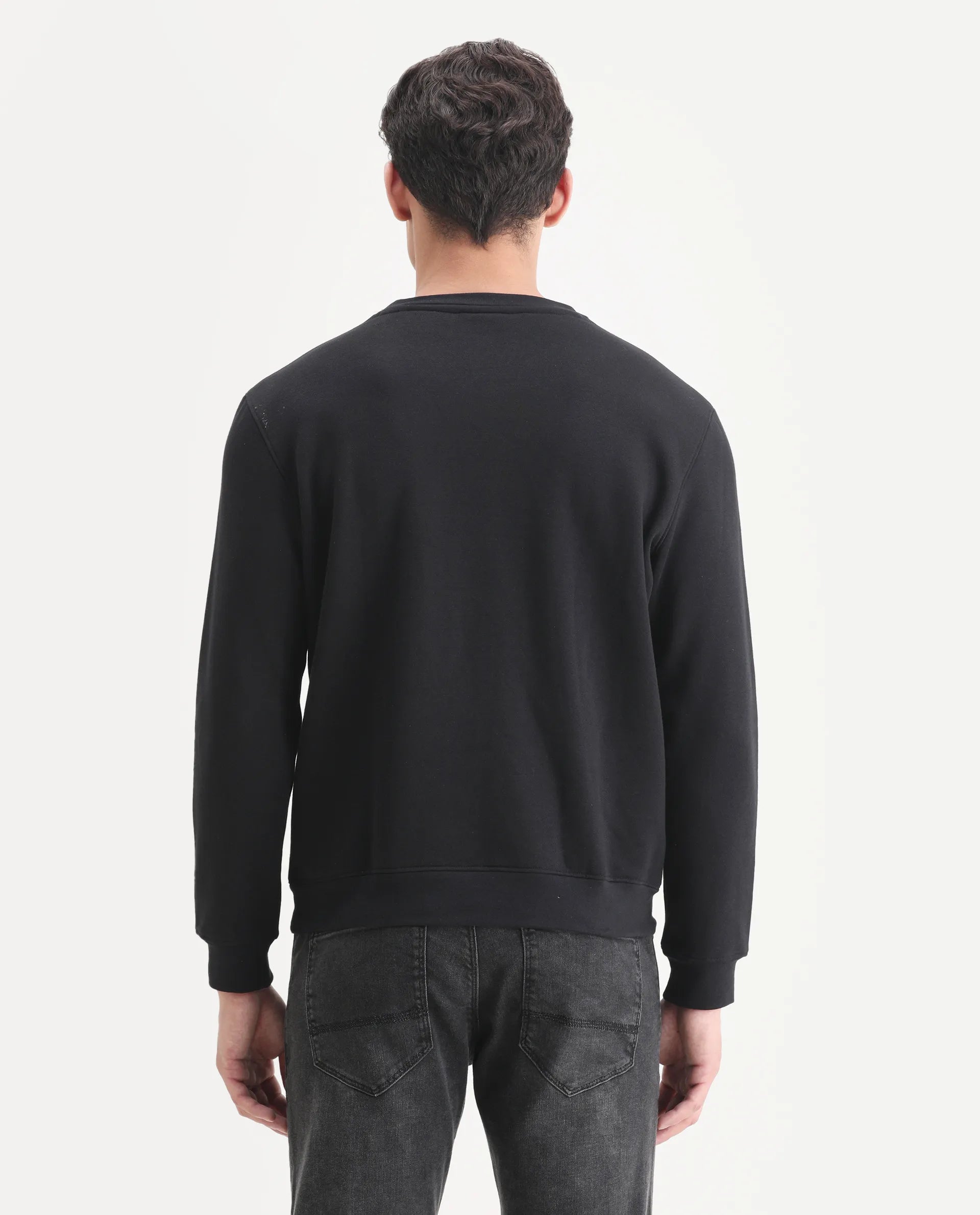 Rare Rabbit Men's Elle Black Cotton Embroidered Slim Fit Full Sleeve Crew Neck Sweatshirt