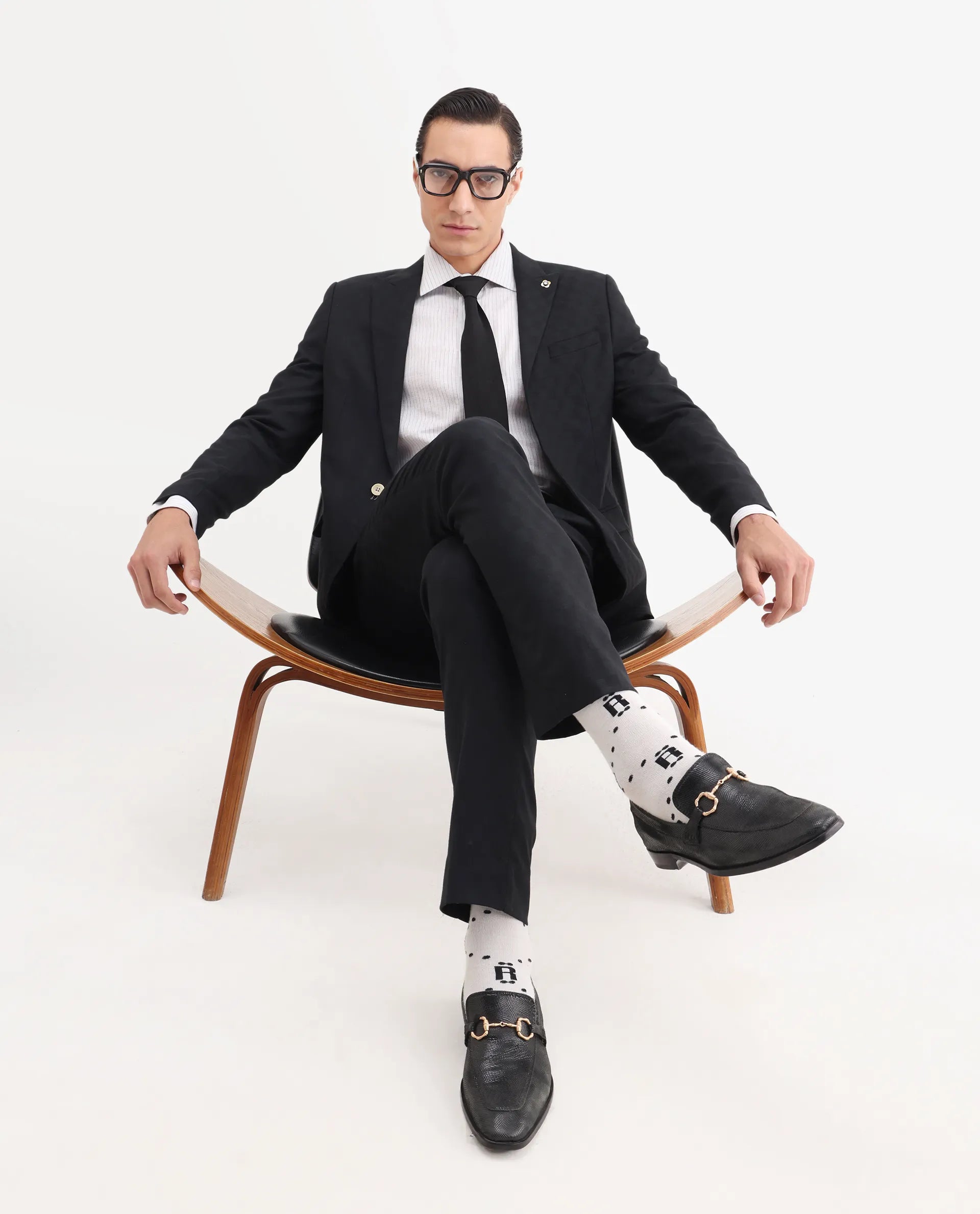 Rare Rabbit Men's Zeta Navy Viscose Jacquard Tailored Fit Full Sleeve Lapel Neck Suits