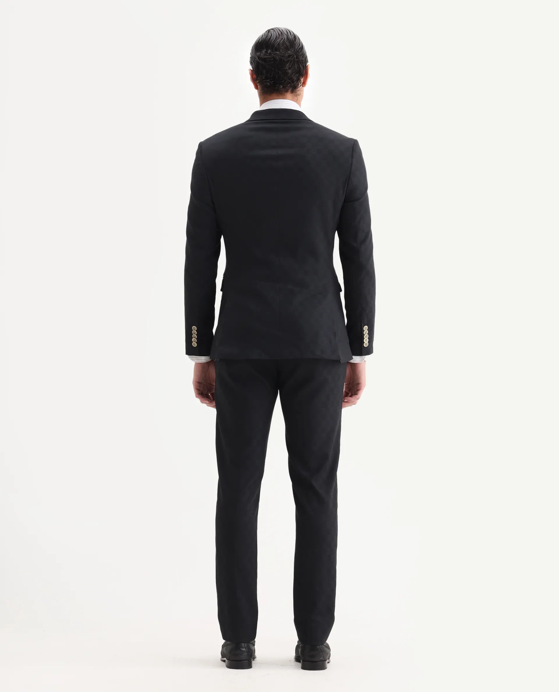 Rare Rabbit Men's Zeta Navy Viscose Jacquard Tailored Fit Full Sleeve Lapel Neck Suits