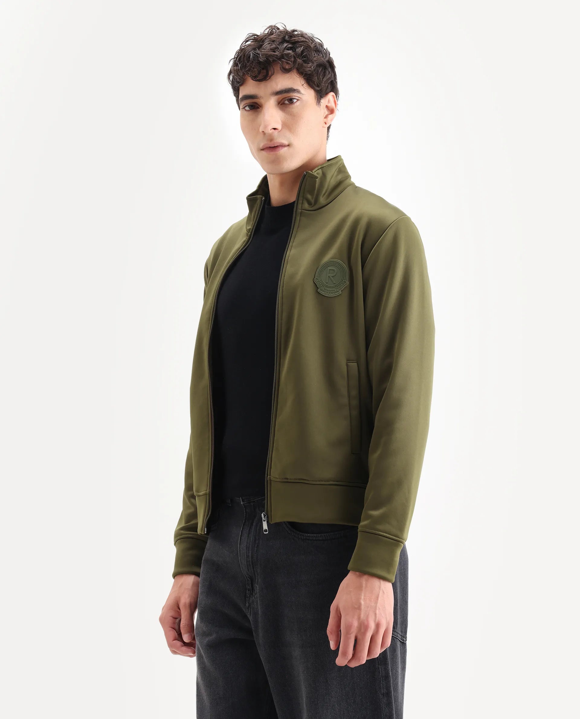 Rare Rabbit Men's Bond Olive Polyester Plain Regular Fit Full Sleeve High Neck Jacket