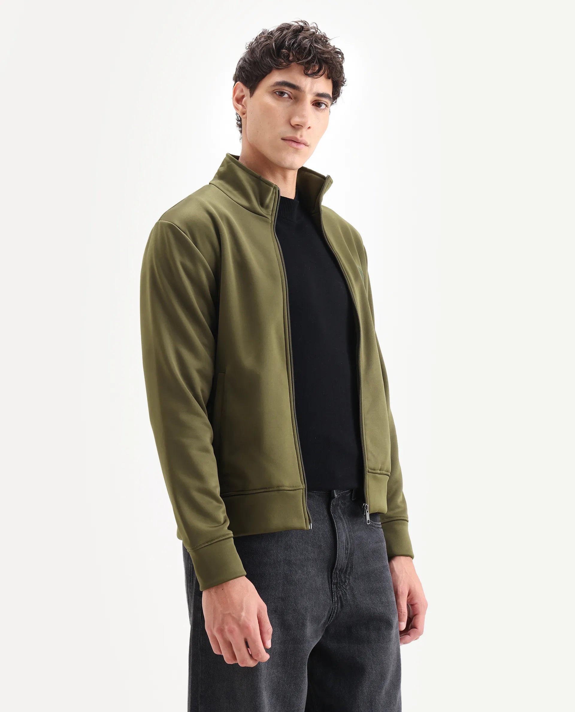Rare Rabbit Men's Bond Olive Polyester Plain Regular Fit Full Sleeve High Neck Jacket