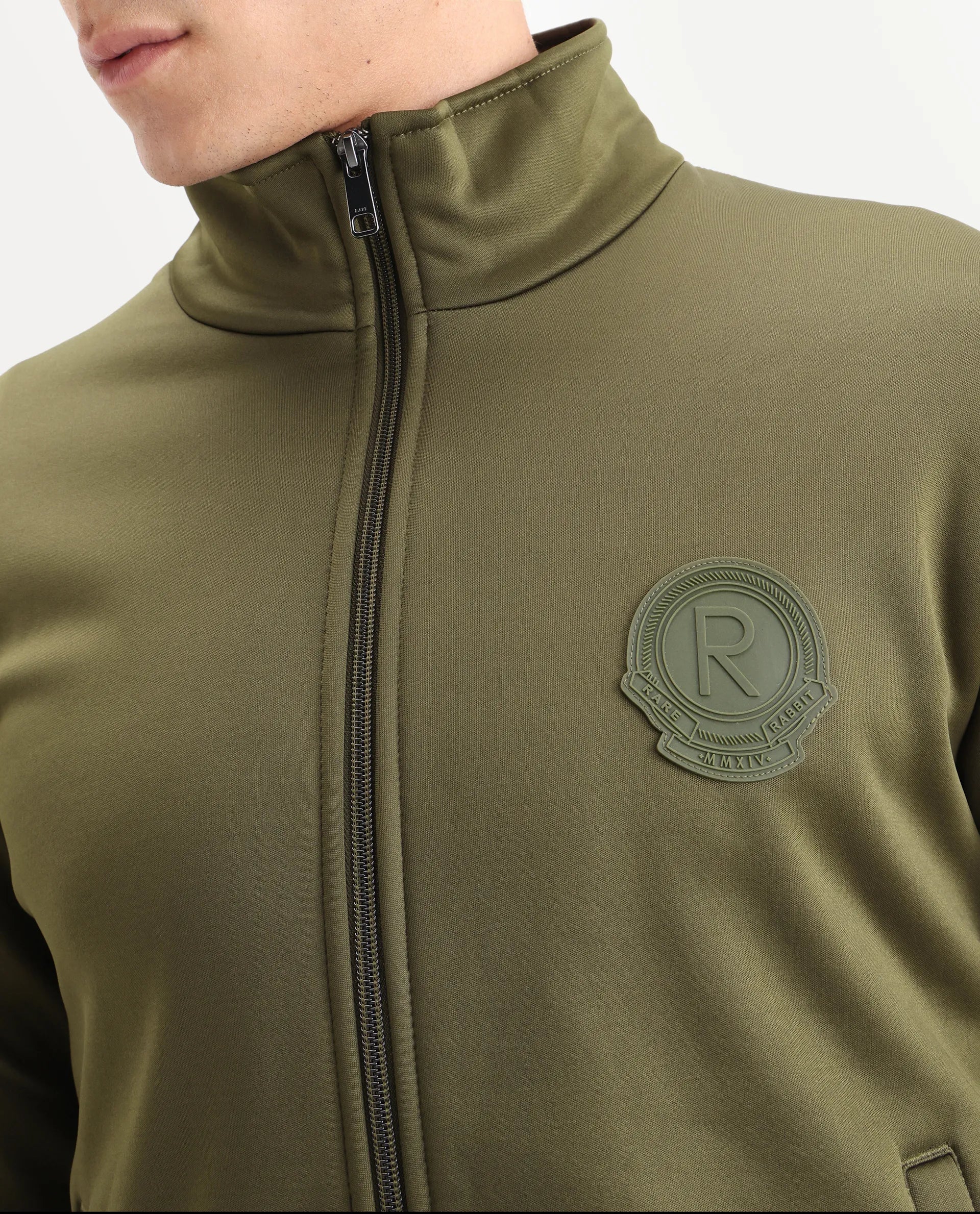 Rare Rabbit Men's Bond Olive Polyester Plain Regular Fit Full Sleeve High Neck Jacket