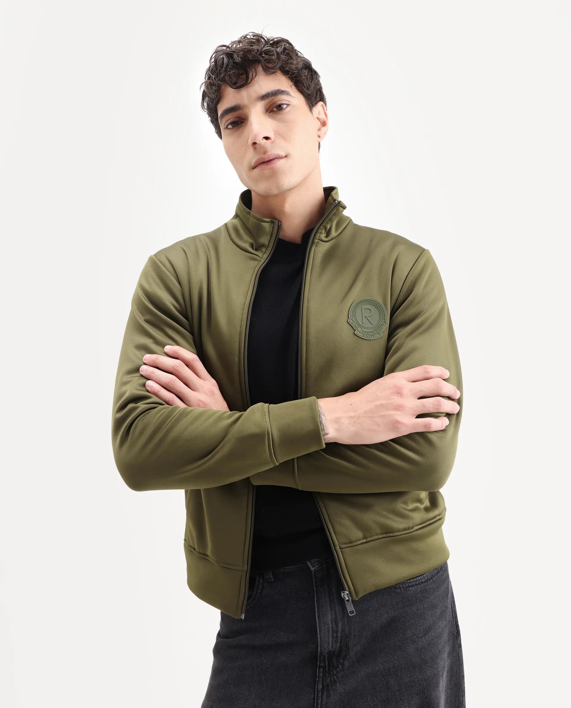 Rare Rabbit Men's Bond Olive Polyester Plain Regular Fit Full Sleeve High Neck Jacket
