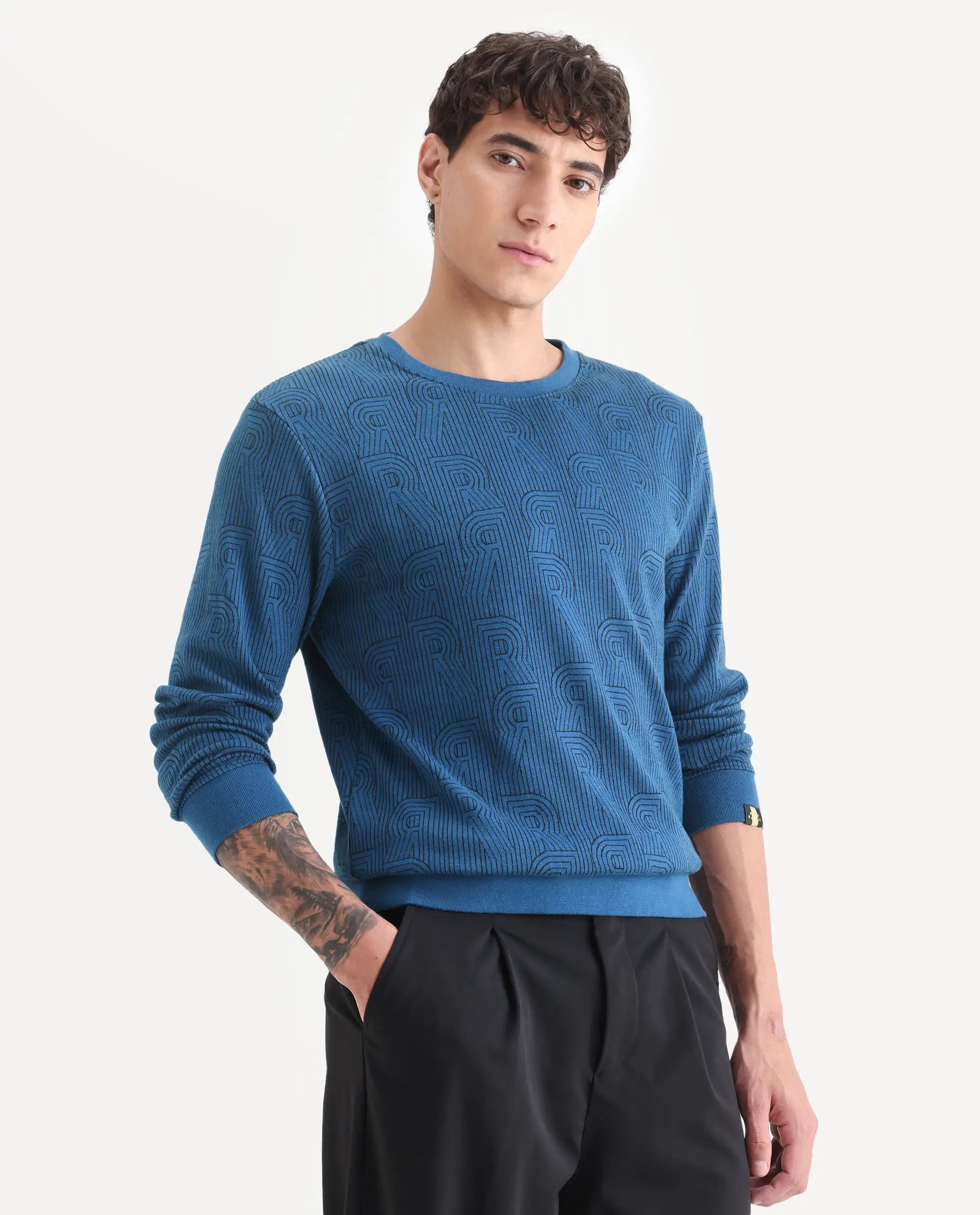 Rare Rabbit Men's Ove Blue Cotton Graphic Print Relaxed Fit Full Sleeve Crew Neck Sweatshirt