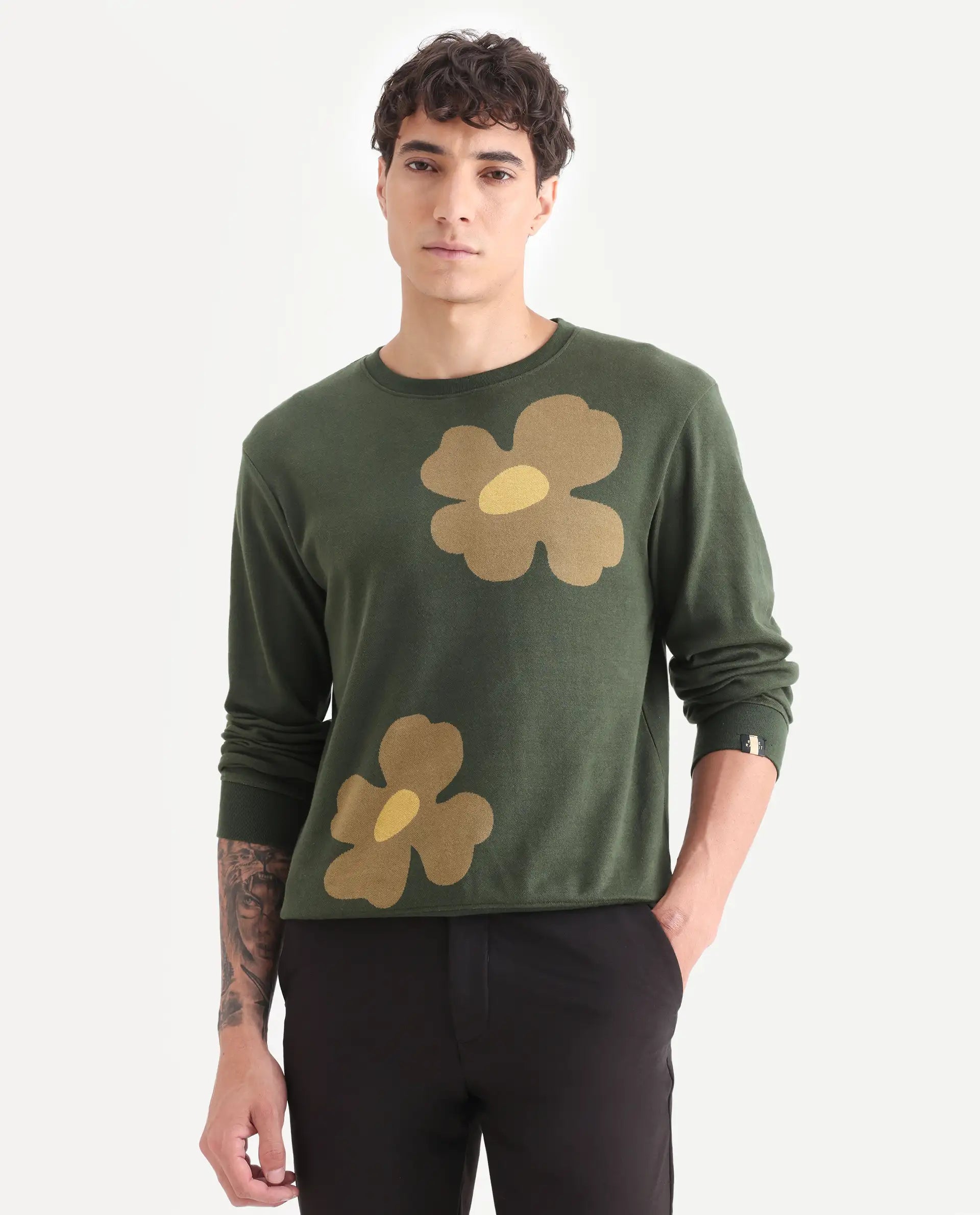 Rare Rabbit Men's Fauna Olive Cotton Floral Print Regular Fit Full Sleeve Crew Neck Sweatshirt