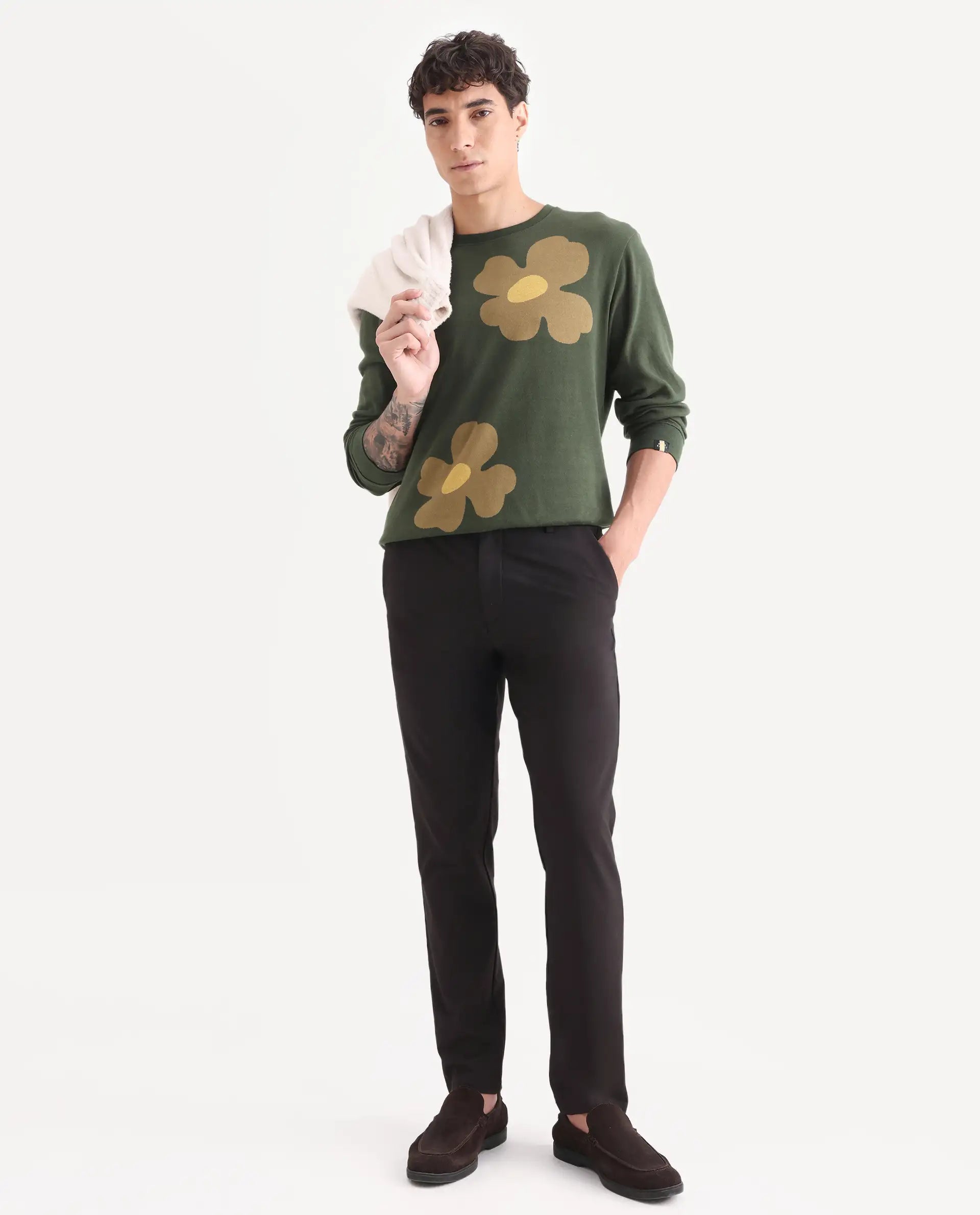 Rare Rabbit Men's Fauna Olive Cotton Floral Print Regular Fit Full Sleeve Crew Neck Sweatshirt