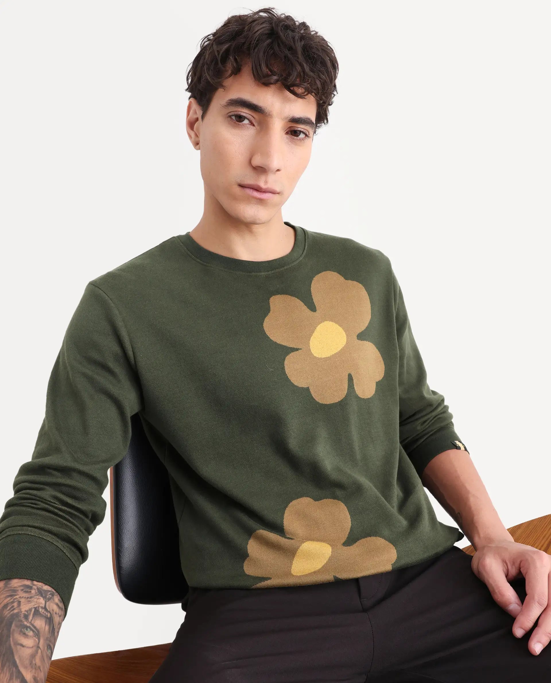 Rare Rabbit Men's Fauna Olive Cotton Floral Print Regular Fit Full Sleeve Crew Neck Sweatshirt