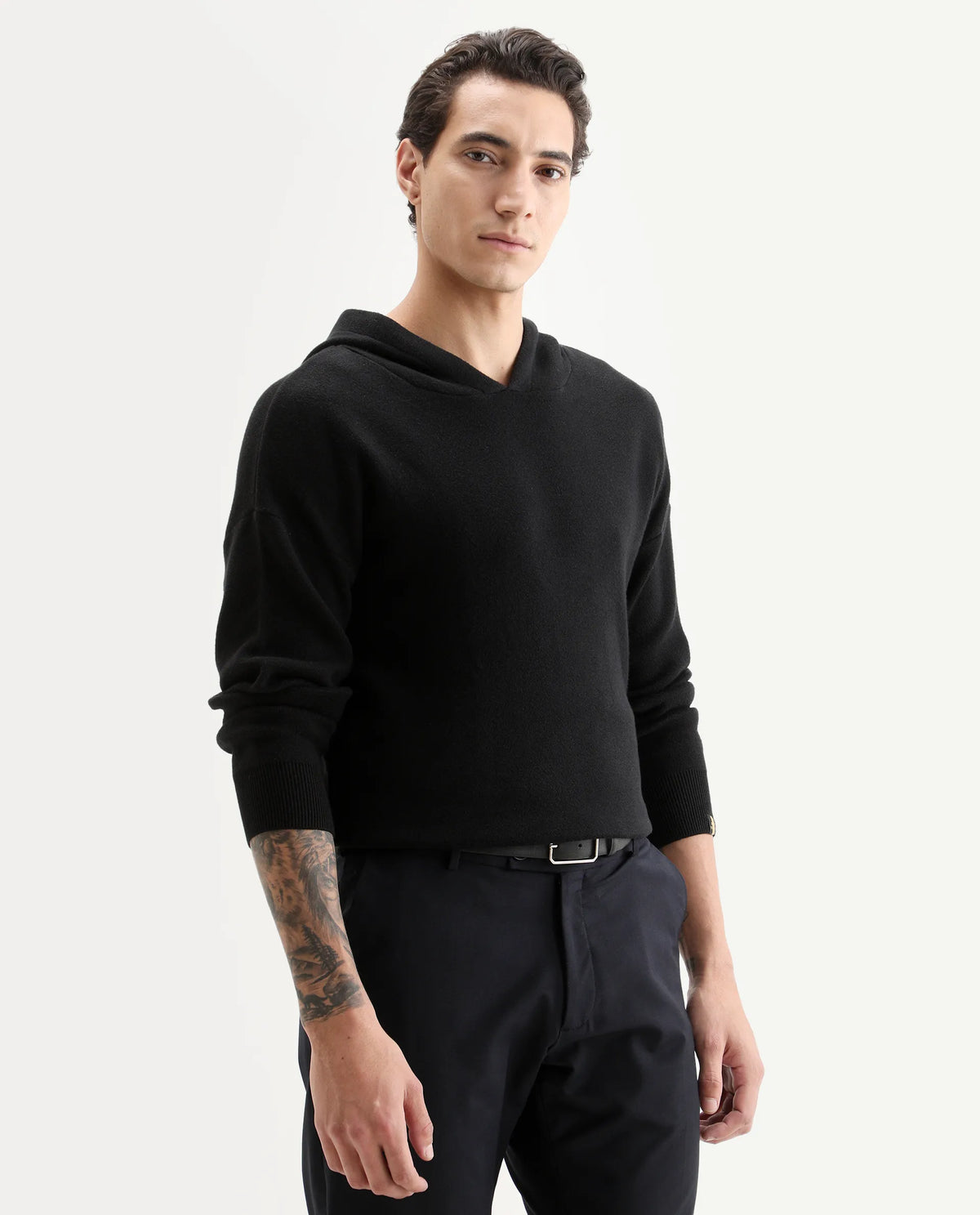 Rare Rabbit Men's Zarr Black Cotton Plain Regular Fit Full Sleeve Hooded Sweater