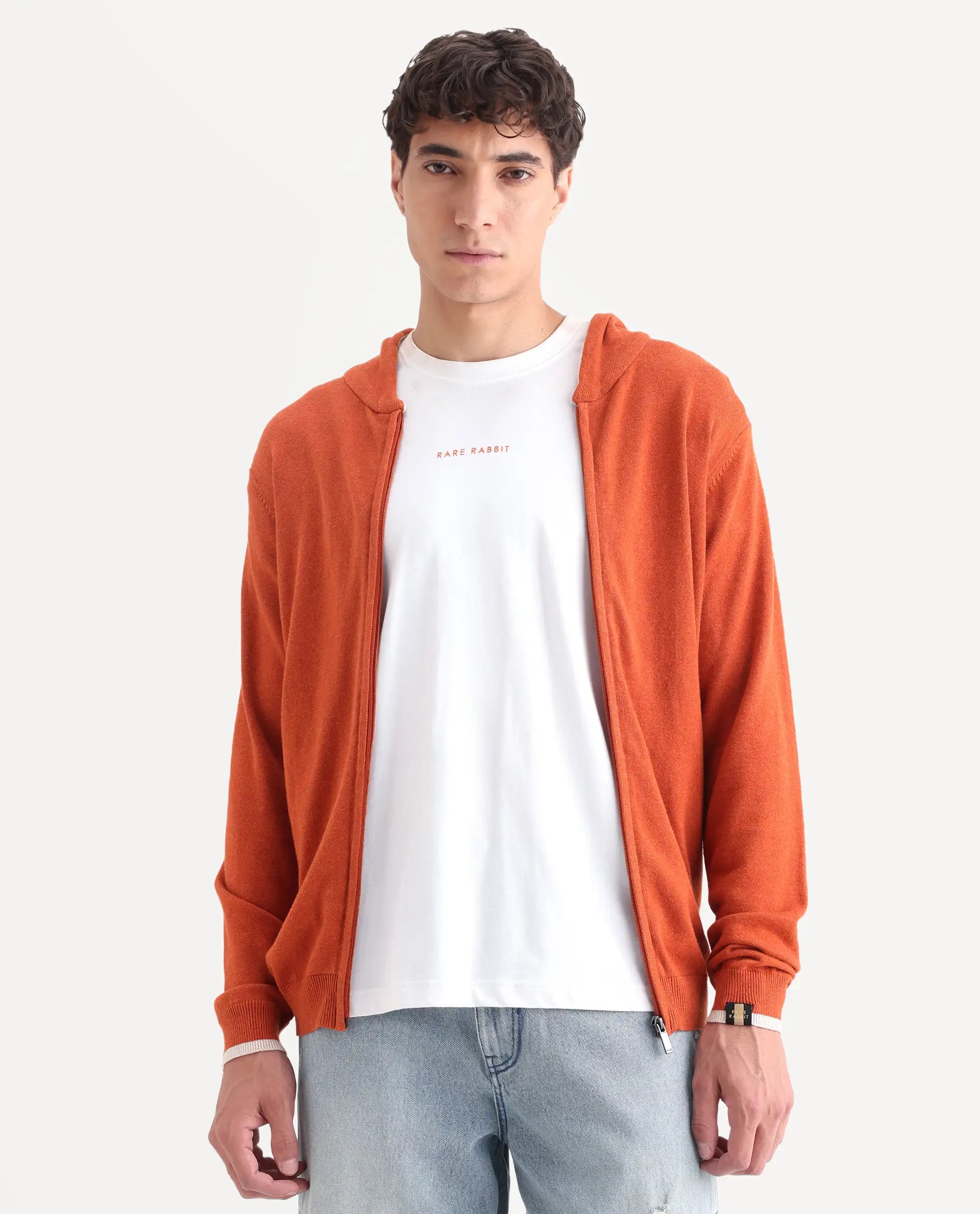 Rare Rabbit Men's Pisa Orange Cotton Plain Relaxed Fit Full Sleeve Hooded Sweater