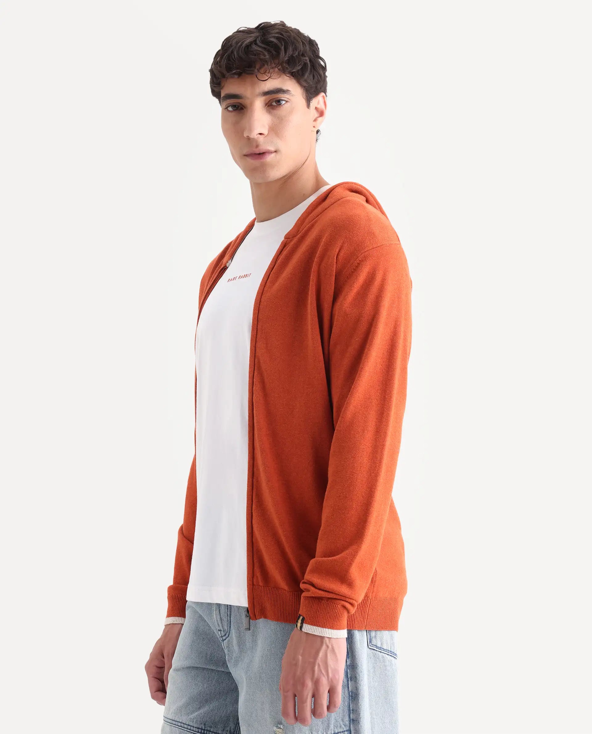 Rare Rabbit Men's Pisa Orange Cotton Plain Relaxed Fit Full Sleeve Hooded Sweater