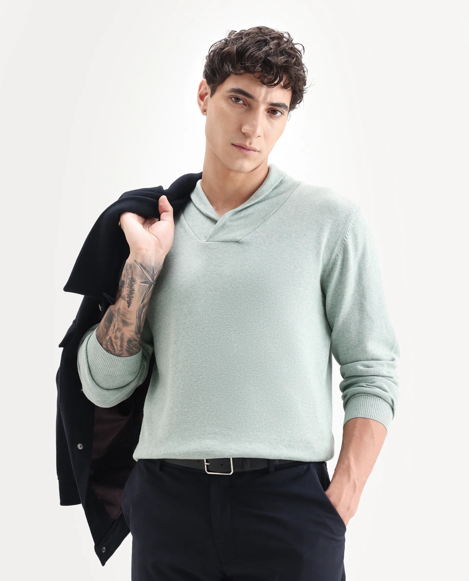 Rare Rabbit Men's Denvy Green Cotton Plain Regular Fit Full Sleeve Shawl Neck Sweater