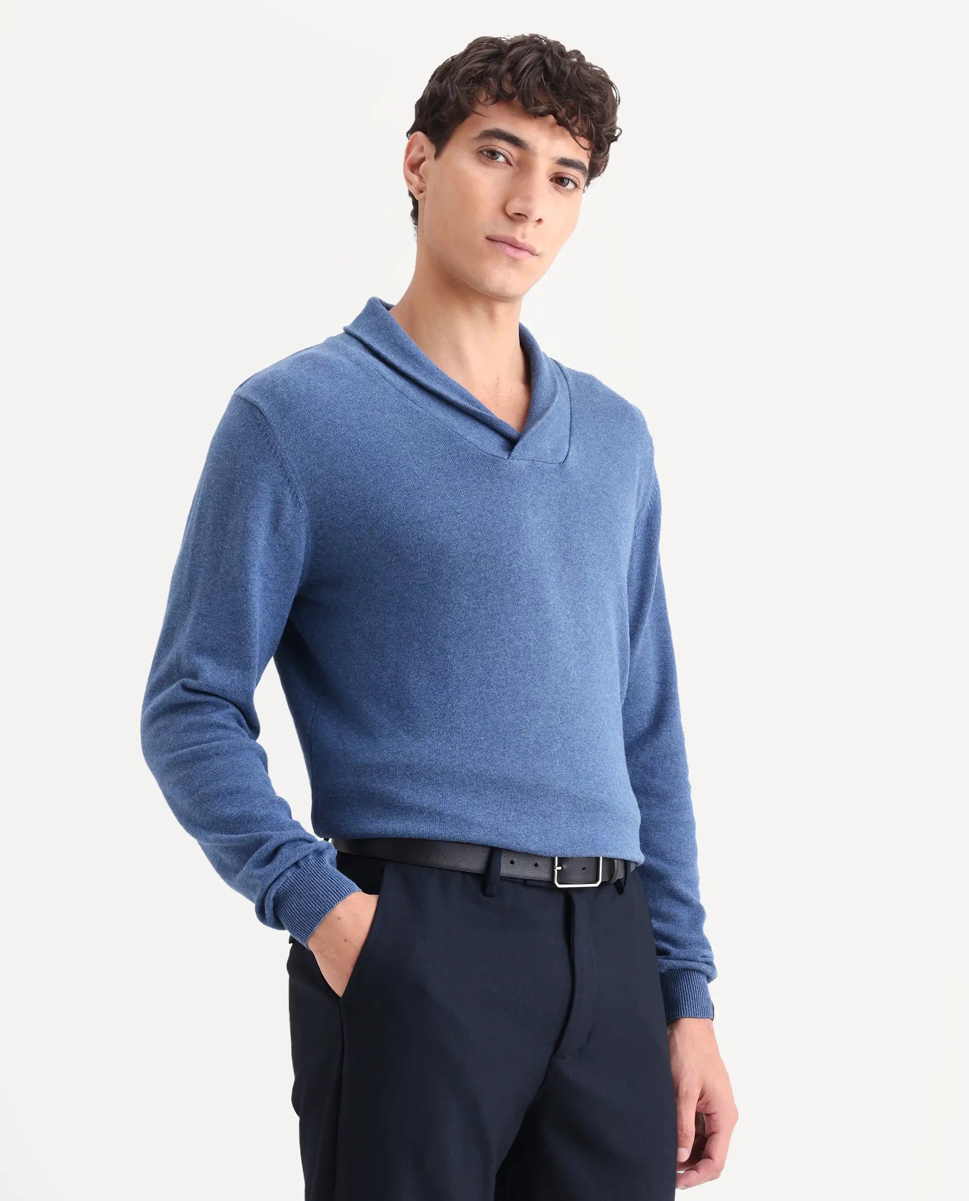 Rare Rabbit Men's Denvy Blue Cotton Plain Regular Fit Full Sleeve Shawl Neck Sweater