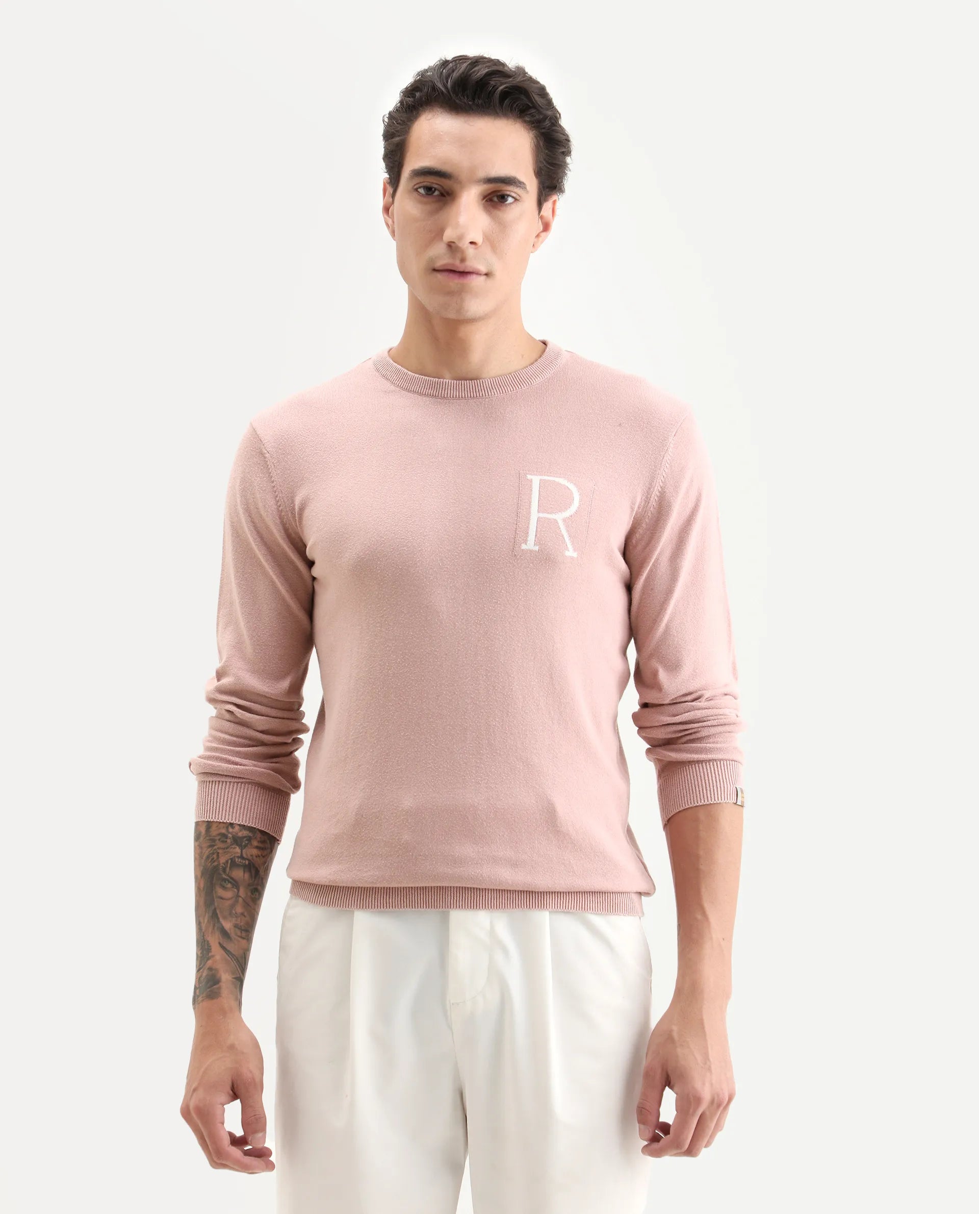 Rare Rabbit Men's Alba Pink Cotton Plain Slim Fit Full Sleeve Crew Neck Sweater