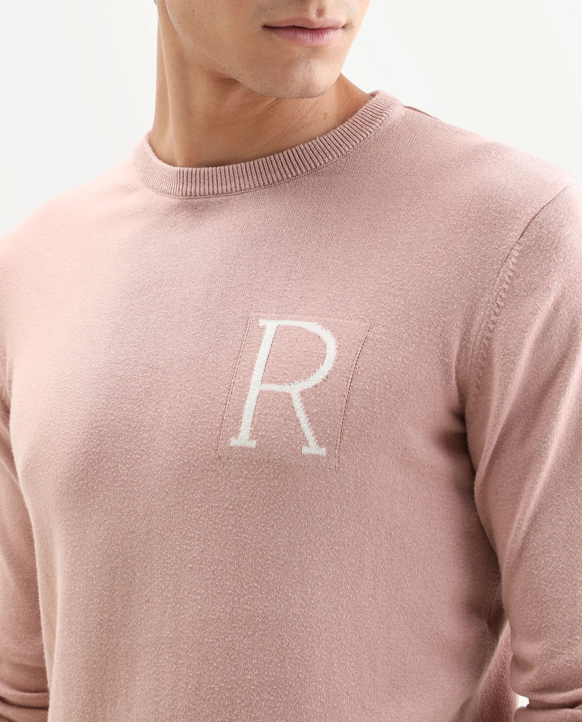 Rare Rabbit Men's Alba Pink Cotton Plain Slim Fit Full Sleeve Crew Neck Sweater