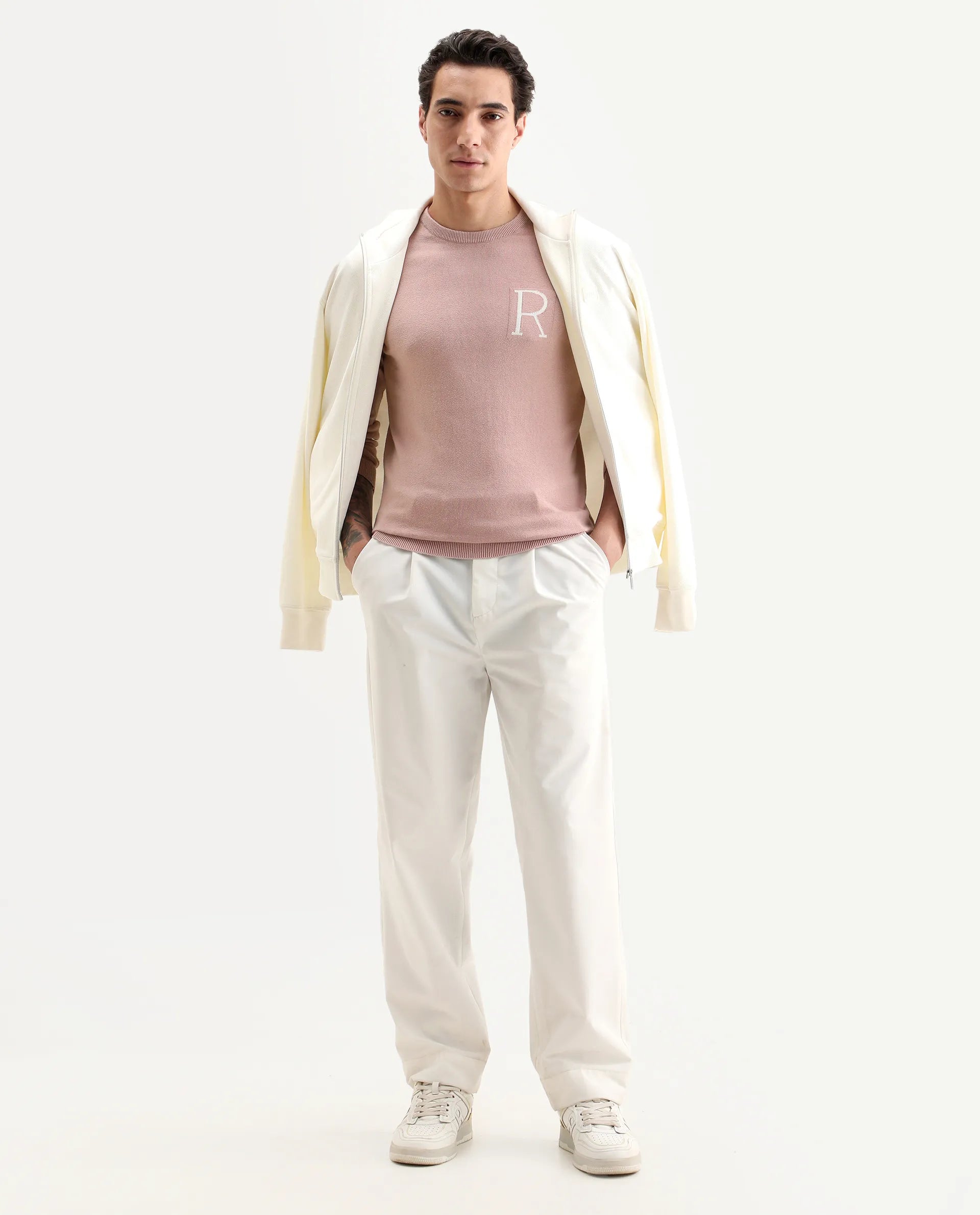 Rare Rabbit Men's Alba Pink Cotton Plain Slim Fit Full Sleeve Crew Neck Sweater