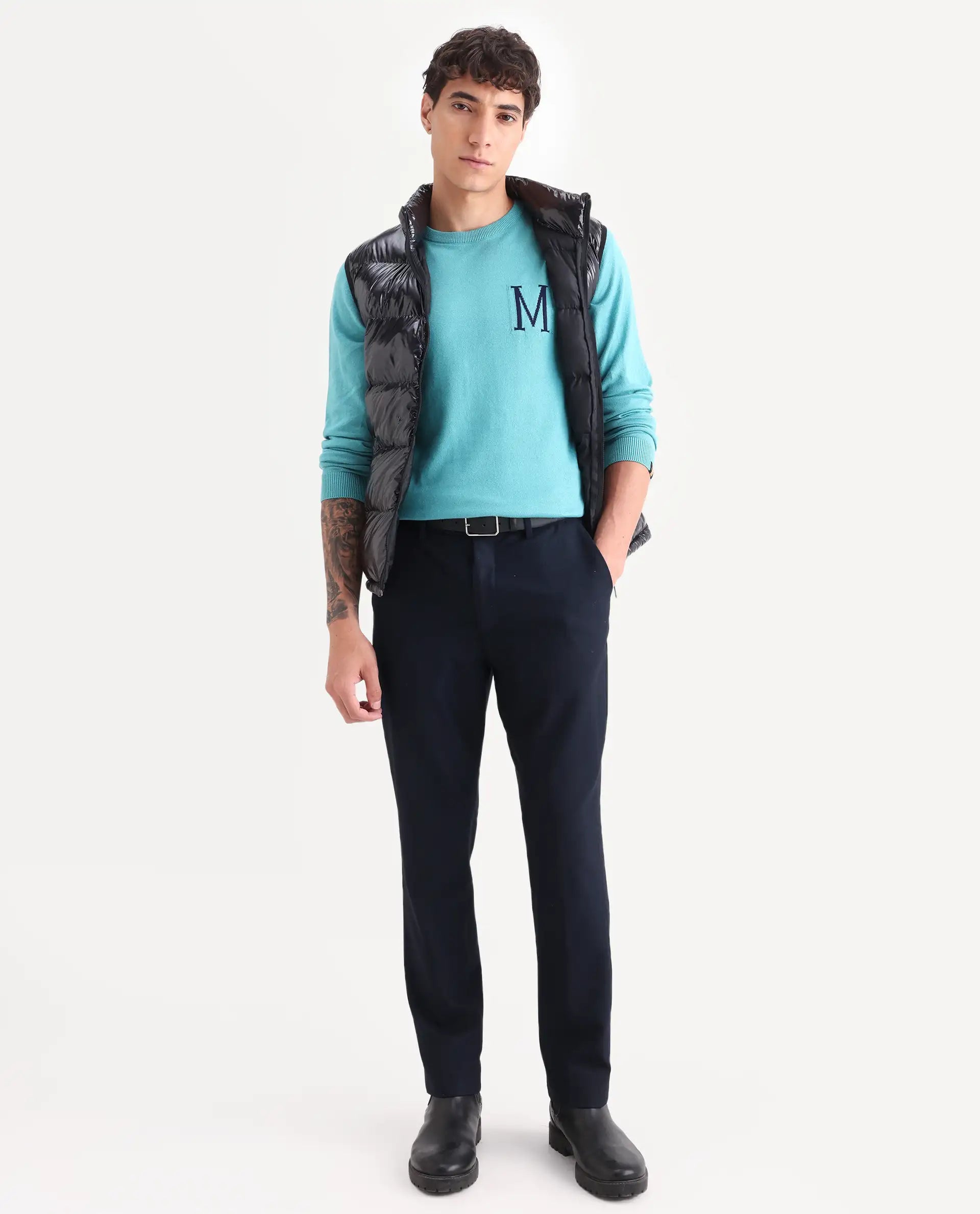 Rare Rabbit Men's Alba Blue Cotton Jacquard Regular Fit Full Sleeve Crew Neck Sweater