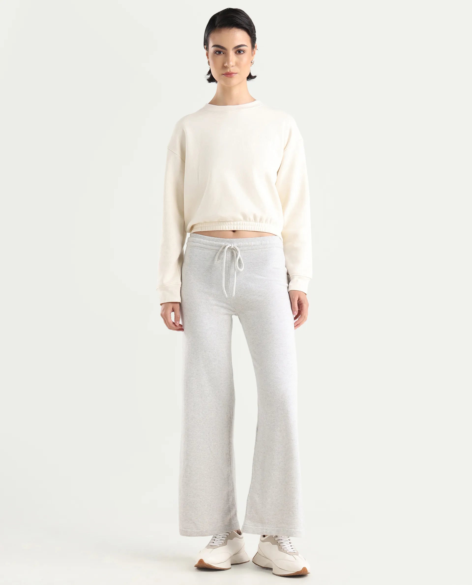 Rareism Women's Finn Track Offwhite Cotton Plain Ankle Length Flared Track Pant