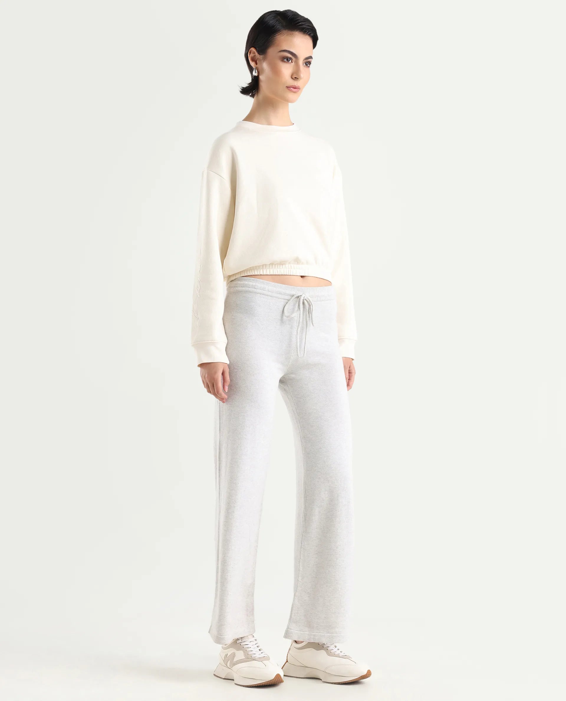Rareism Women's Finn Track Offwhite Cotton Plain Ankle Length Flared Track Pant