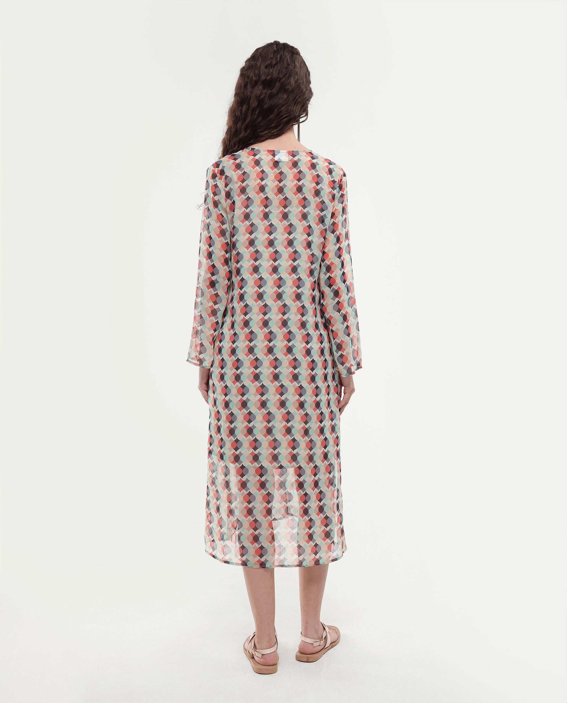 Rareism Women's Mirun Multi Tie-Up Neck Abstract Print Knee Length Regular Fit Dress