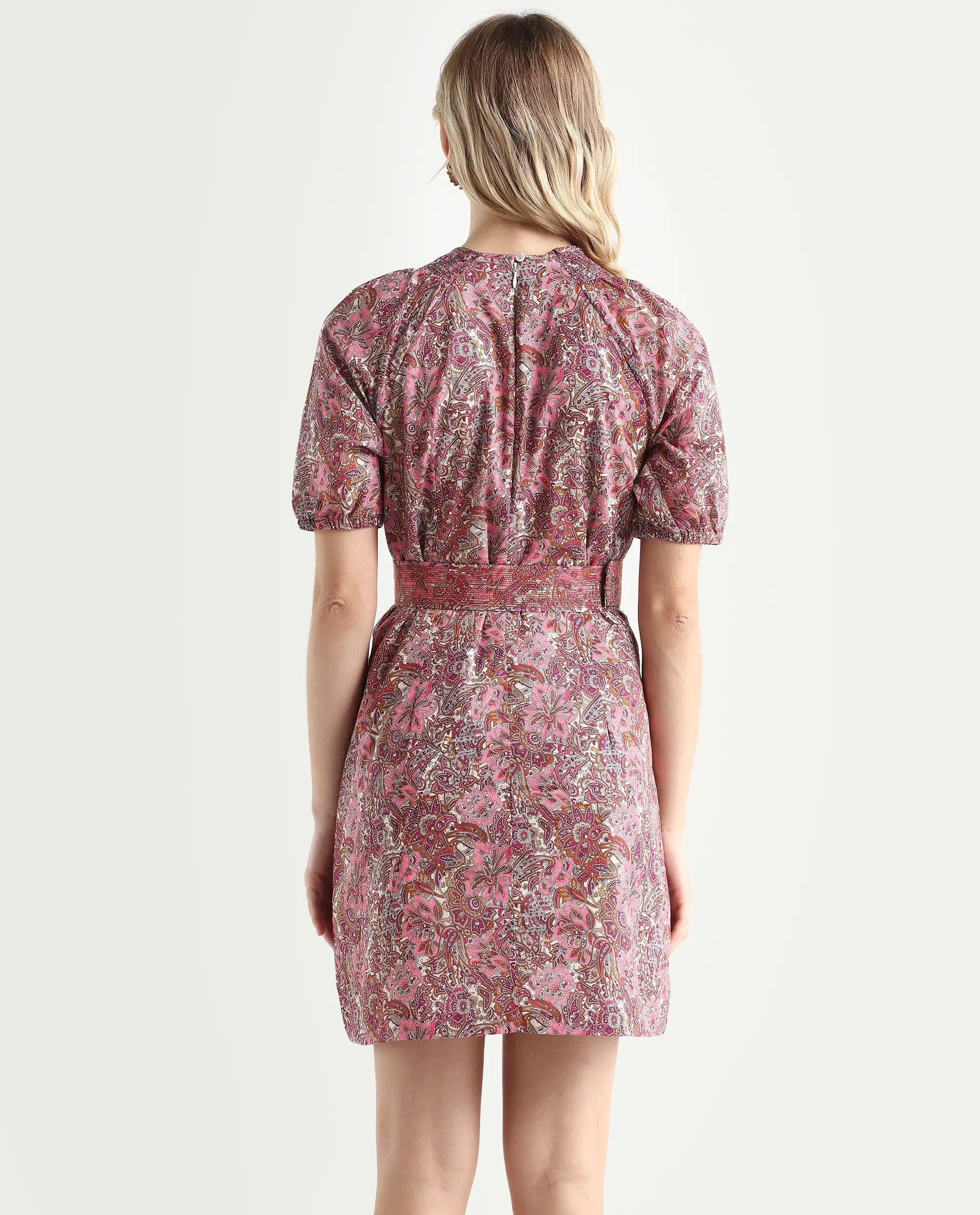 Rareism Women's Palesa Pink High Neck Printed Puff Sleeves Knee Length Regular Fit Dress