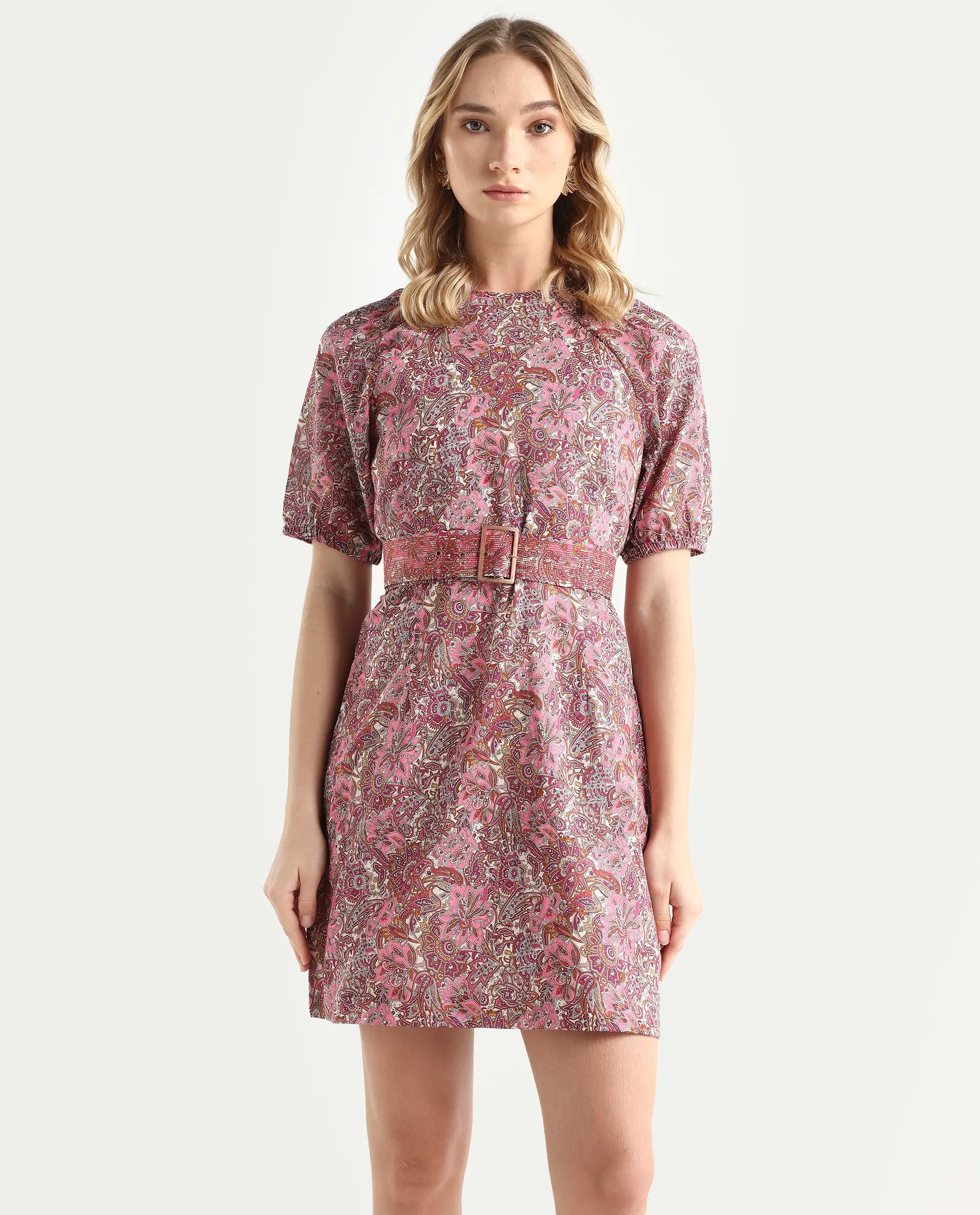 Rareism Women's Palesa Pink High Neck Printed Puff Sleeves Knee Length Regular Fit Dress
