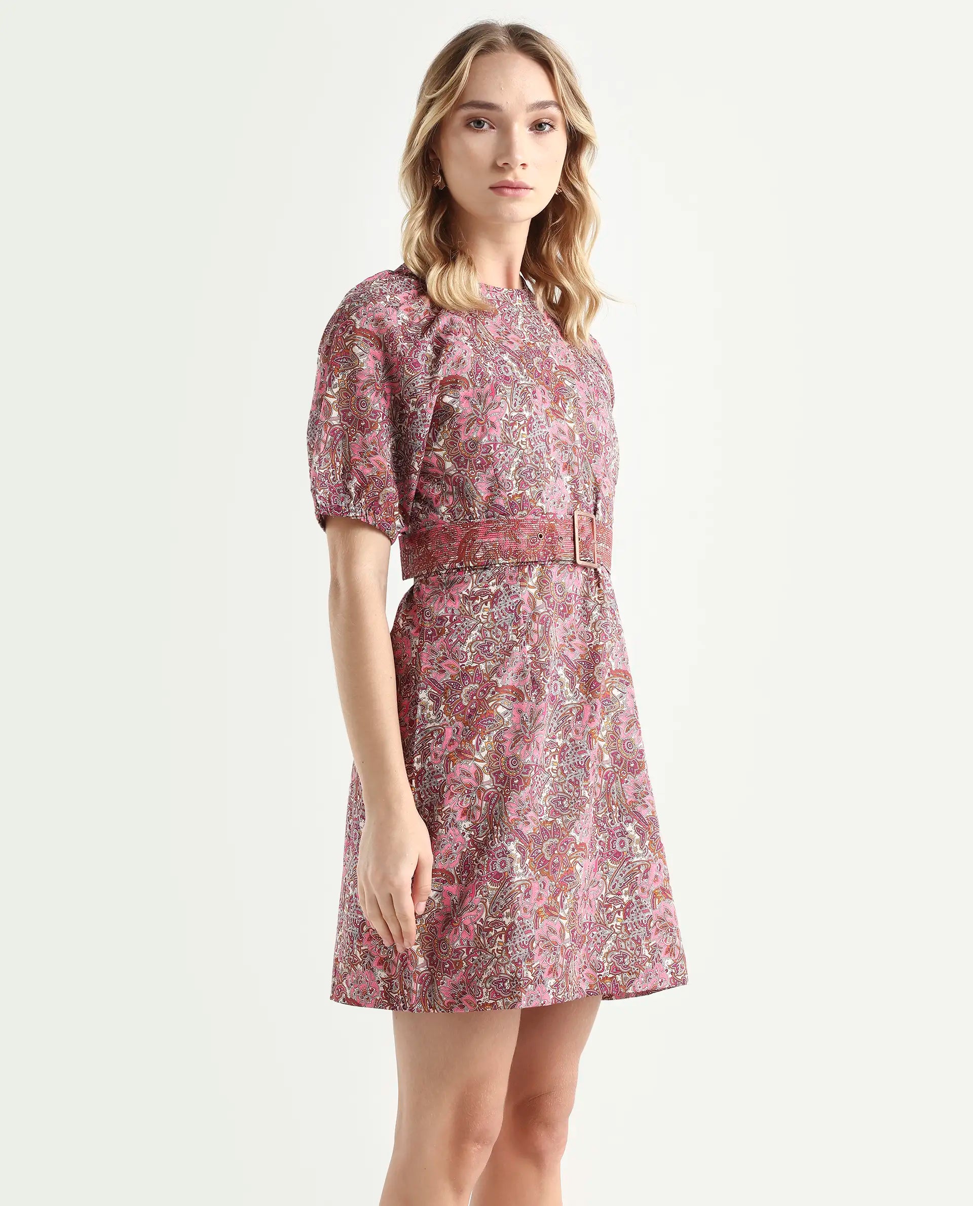 Rareism Women's Palesa Pink High Neck Printed Puff Sleeves Knee Length Regular Fit Dress