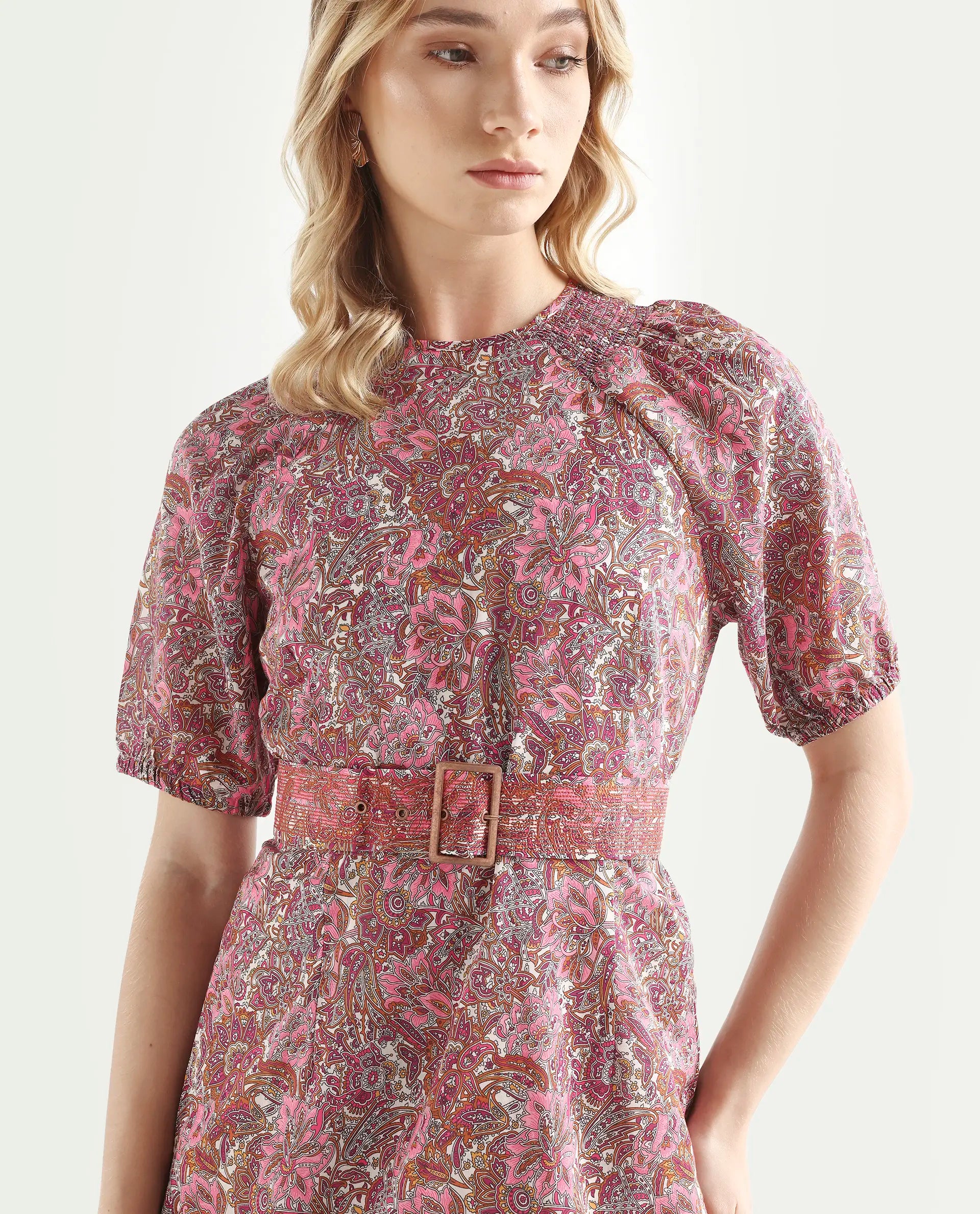 Rareism Women's Palesa Pink High Neck Printed Puff Sleeves Knee Length Regular Fit Dress