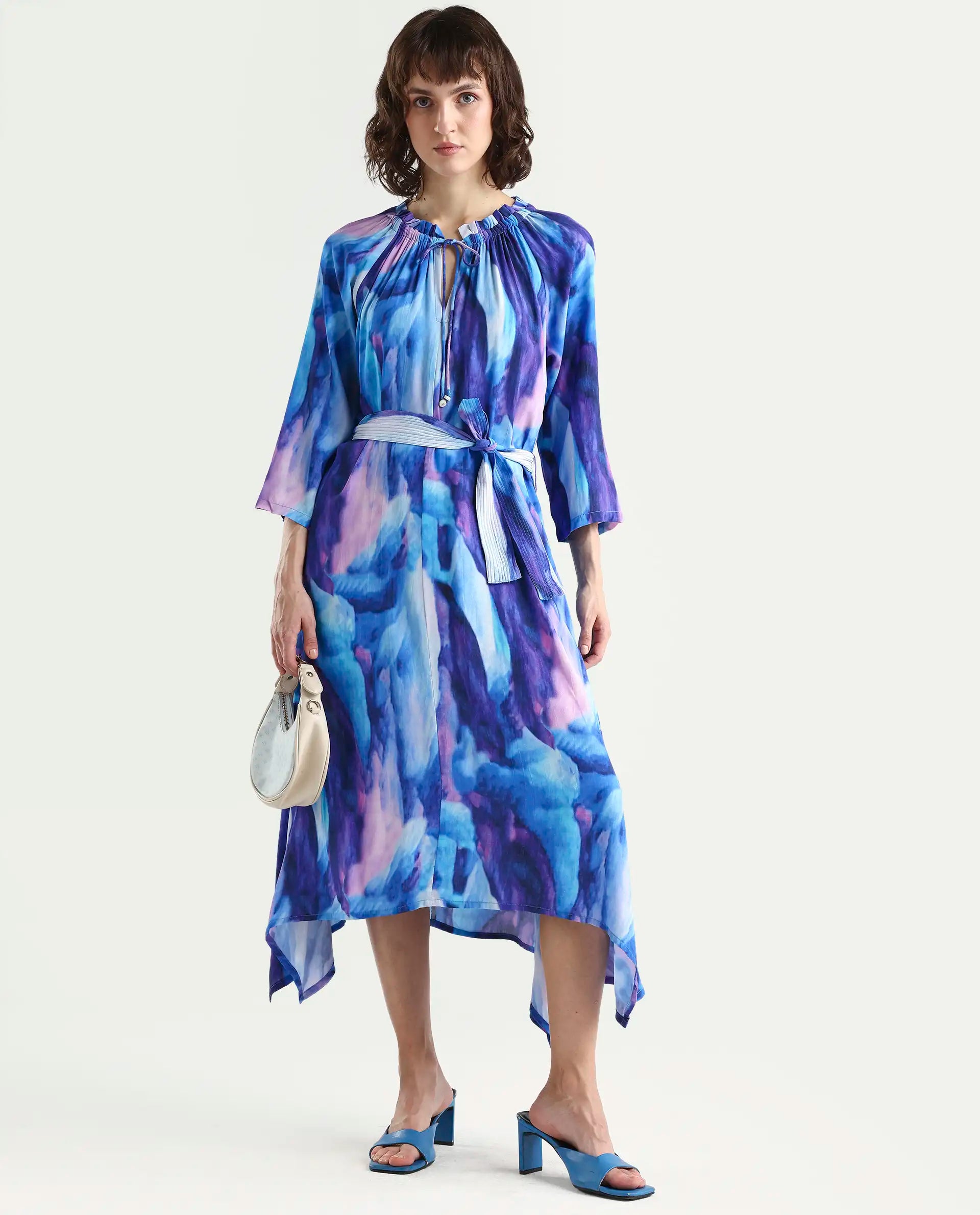 Rareism Womens Safol Multi Dress Poly Viscose Fabric Full Sleeve Tie Up Neck