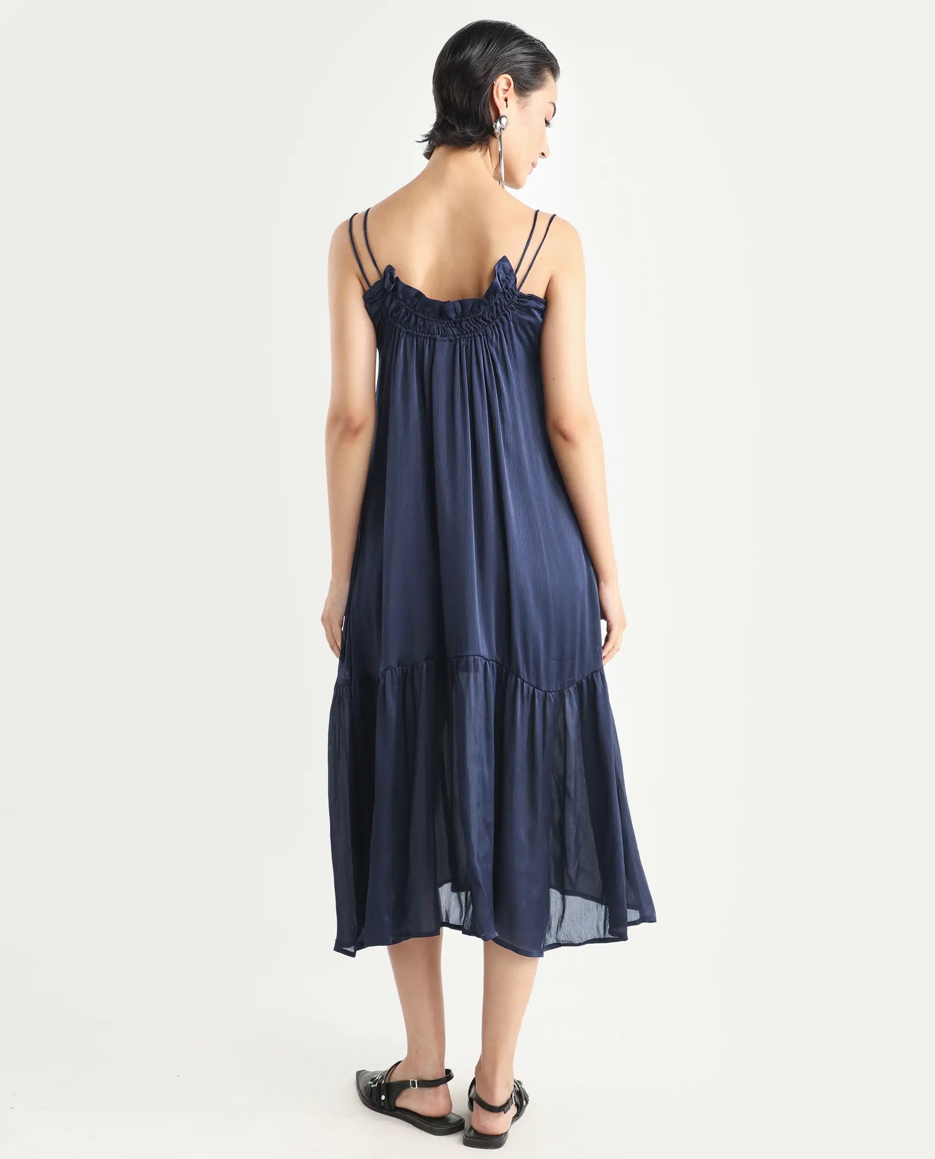 Rareism Women's Tint Navy Polyester V-Neck Plain Shoulder Strap Knee Length Regular Fit Dress