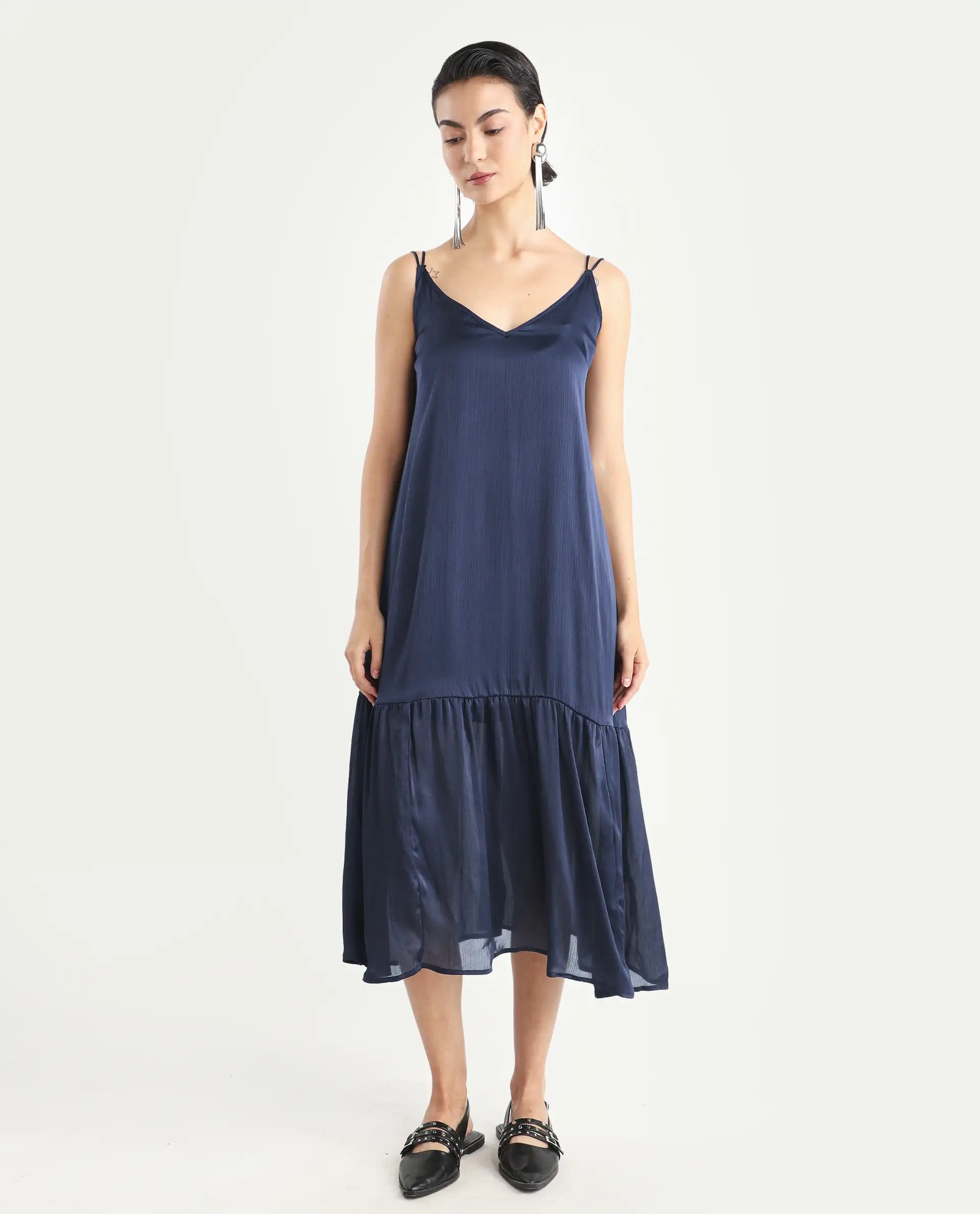 Rareism Women's Tint Navy Polyester V-Neck Plain Shoulder Strap Knee Length Regular Fit Dress