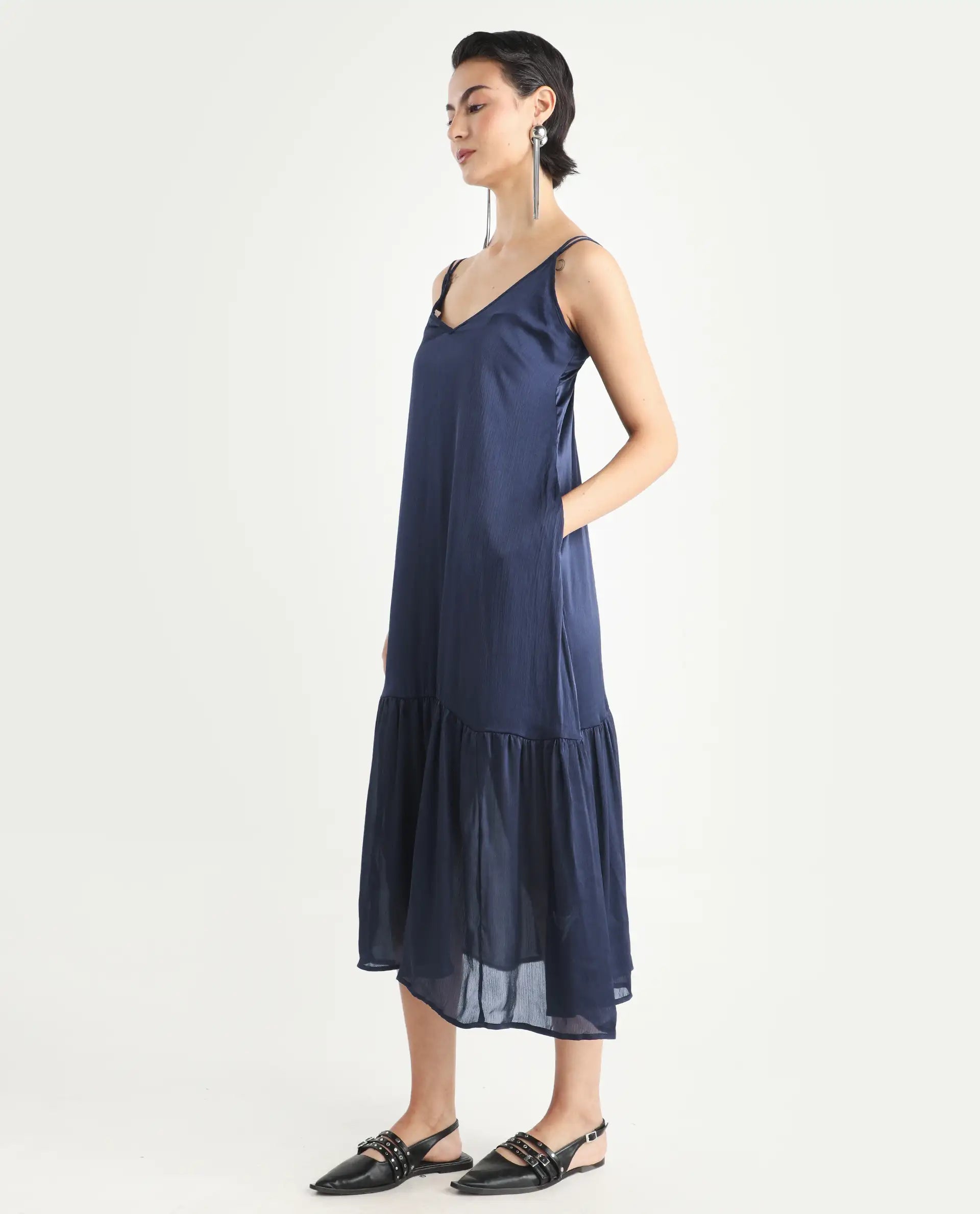 Rareism Women's Tint Navy Polyester V-Neck Plain Shoulder Strap Knee Length Regular Fit Dress