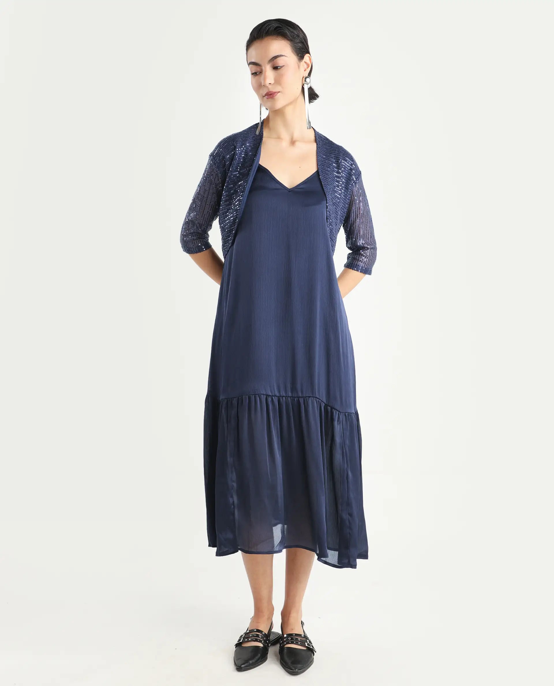 Rareism Women's Tint Navy Polyester V-Neck Plain Shoulder Strap Knee Length Regular Fit Dress