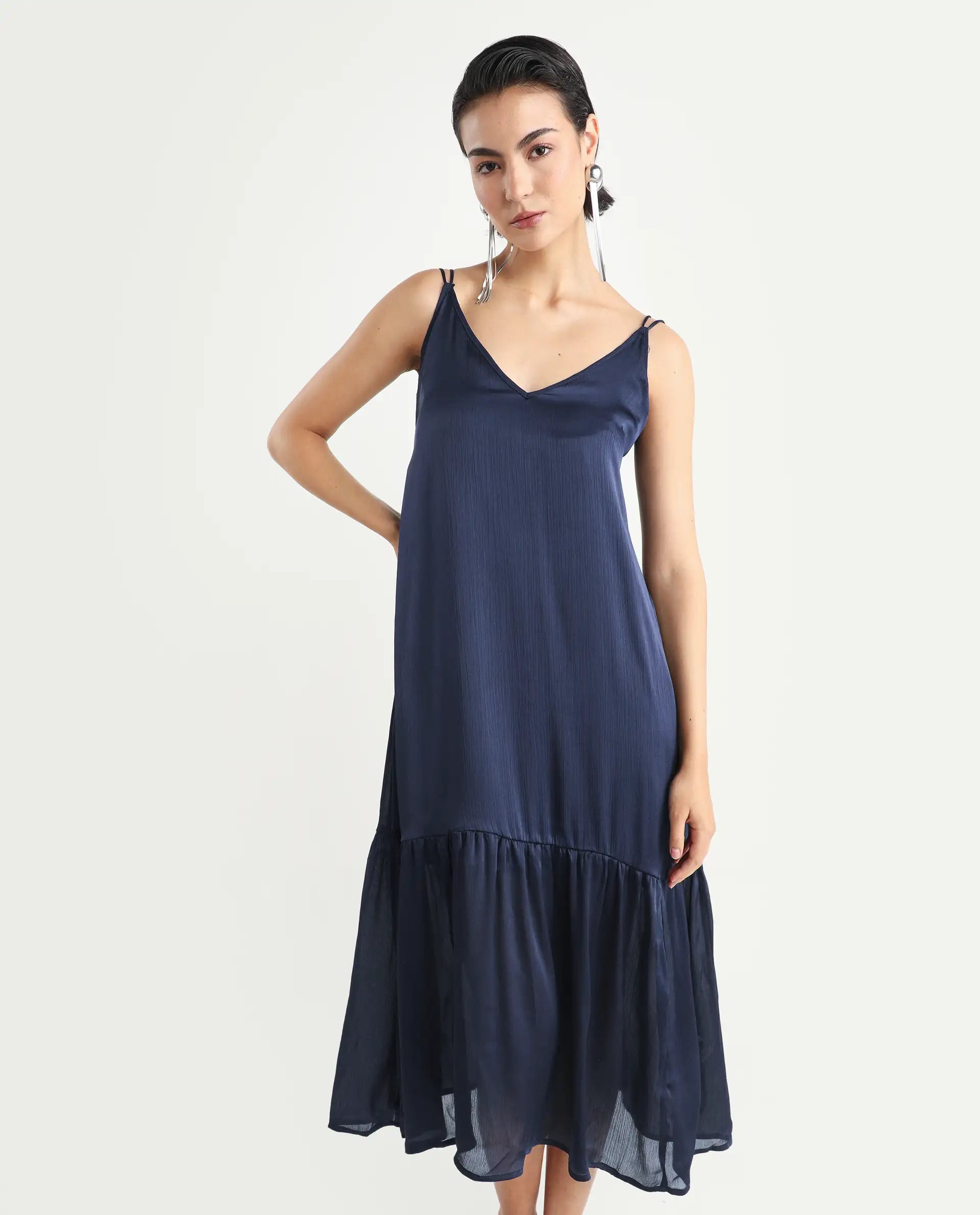 Rareism Women's Tint Navy Polyester V-Neck Plain Shoulder Strap Knee Length Regular Fit Dress