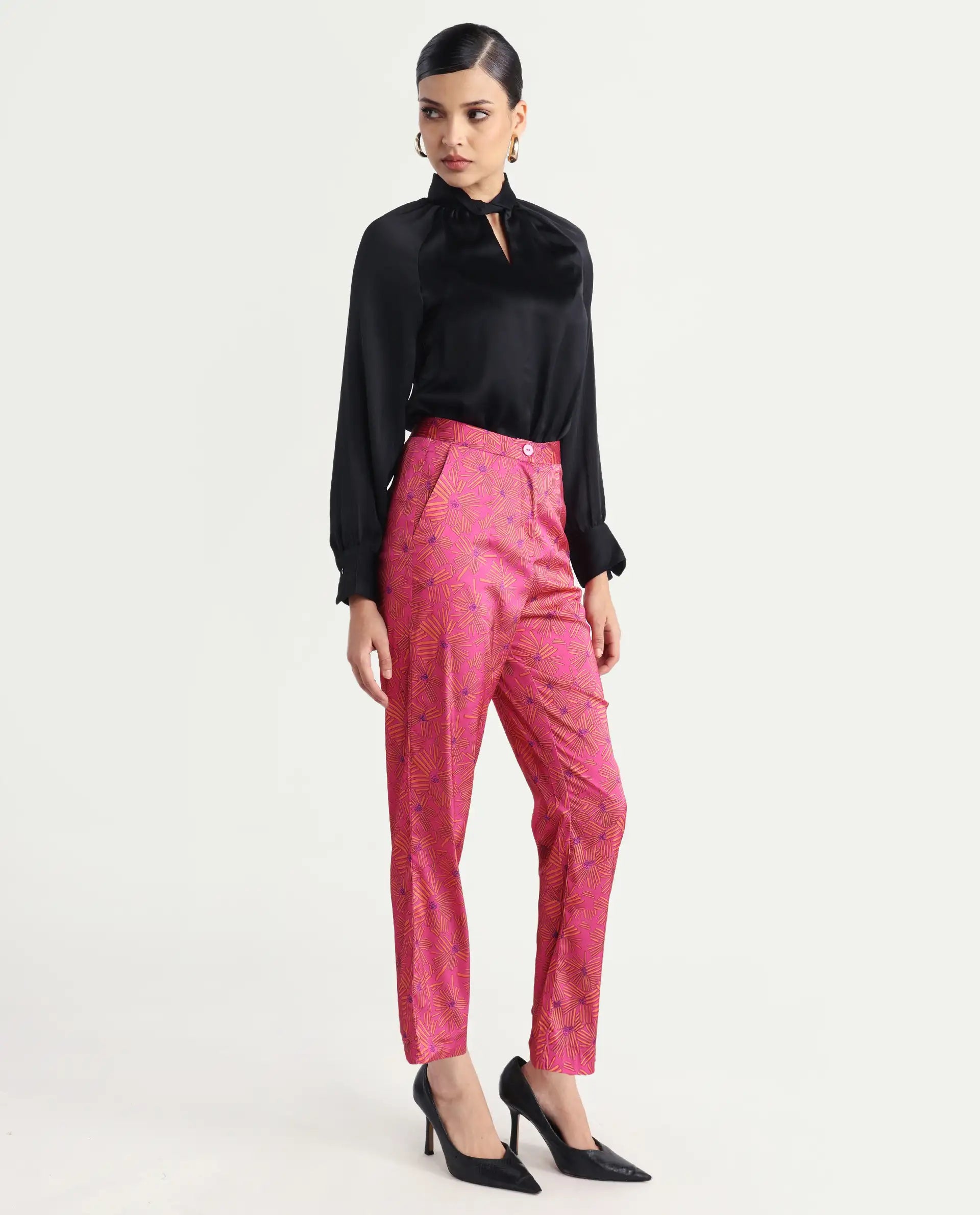 Rareism Women's Catepil Pink Modal Geometric Print Ankle Length Tailored Trouser