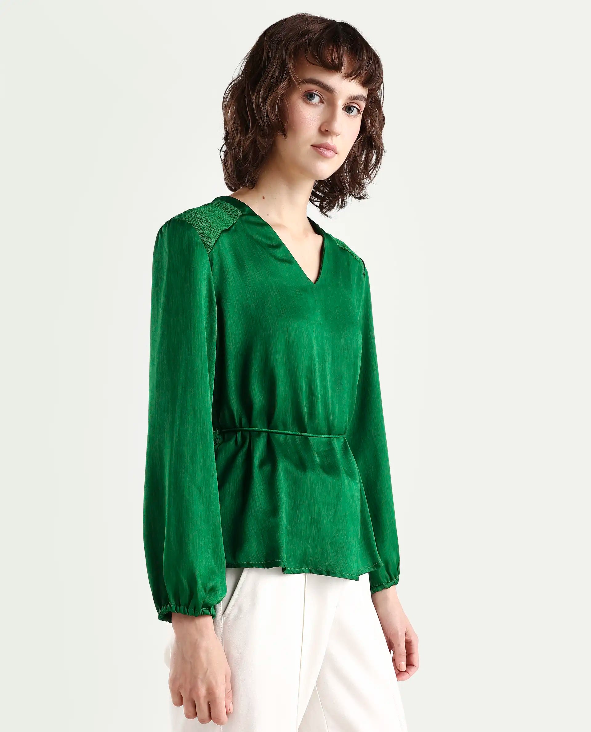 Rareism Womens Dronite Green Top Polyester Fabric Full Sleeve V Neck