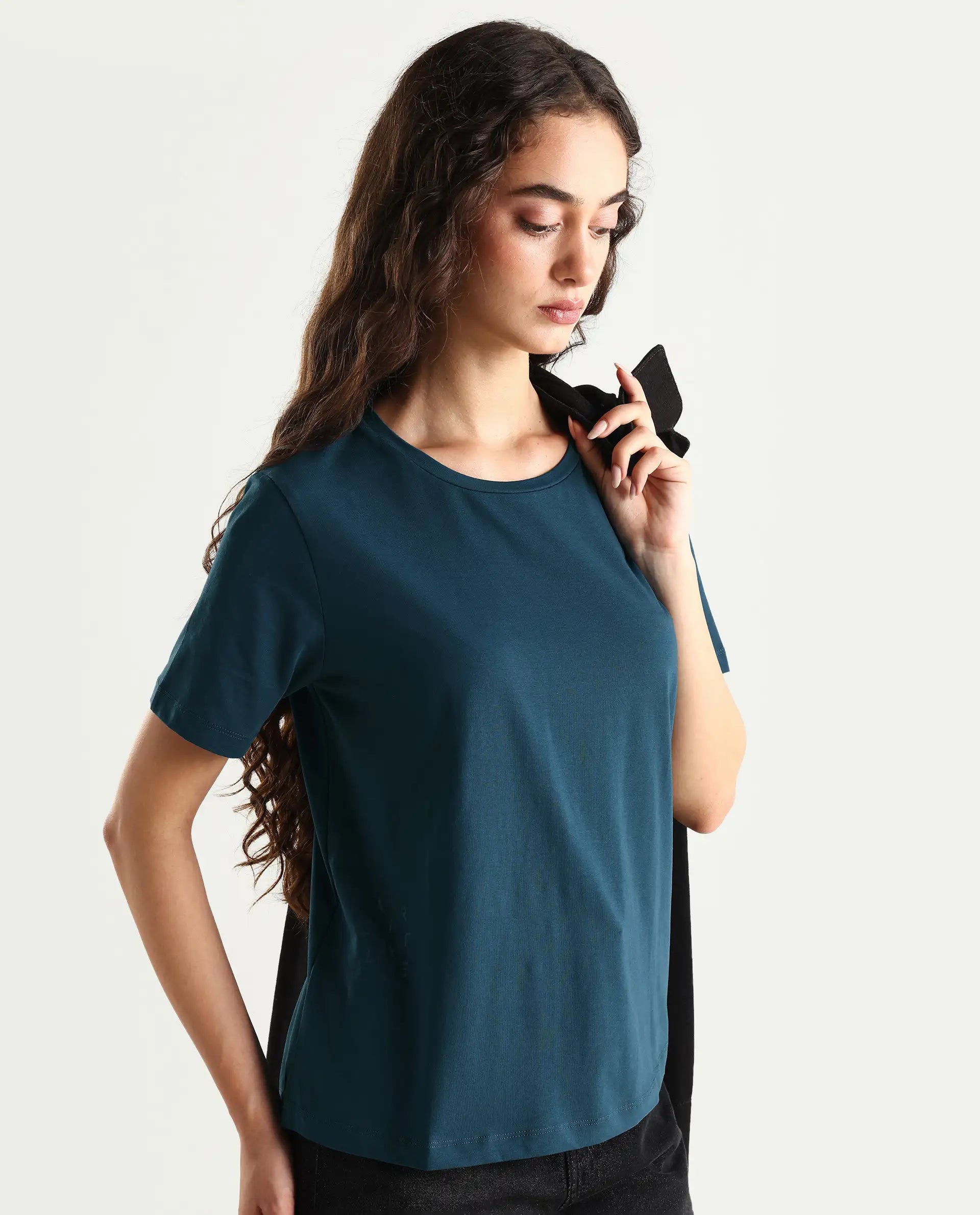 Rareism Women's Light Weight High Stretch 180 Gsm Cotton Crew Neck Plain Regular Fit T-Shirt