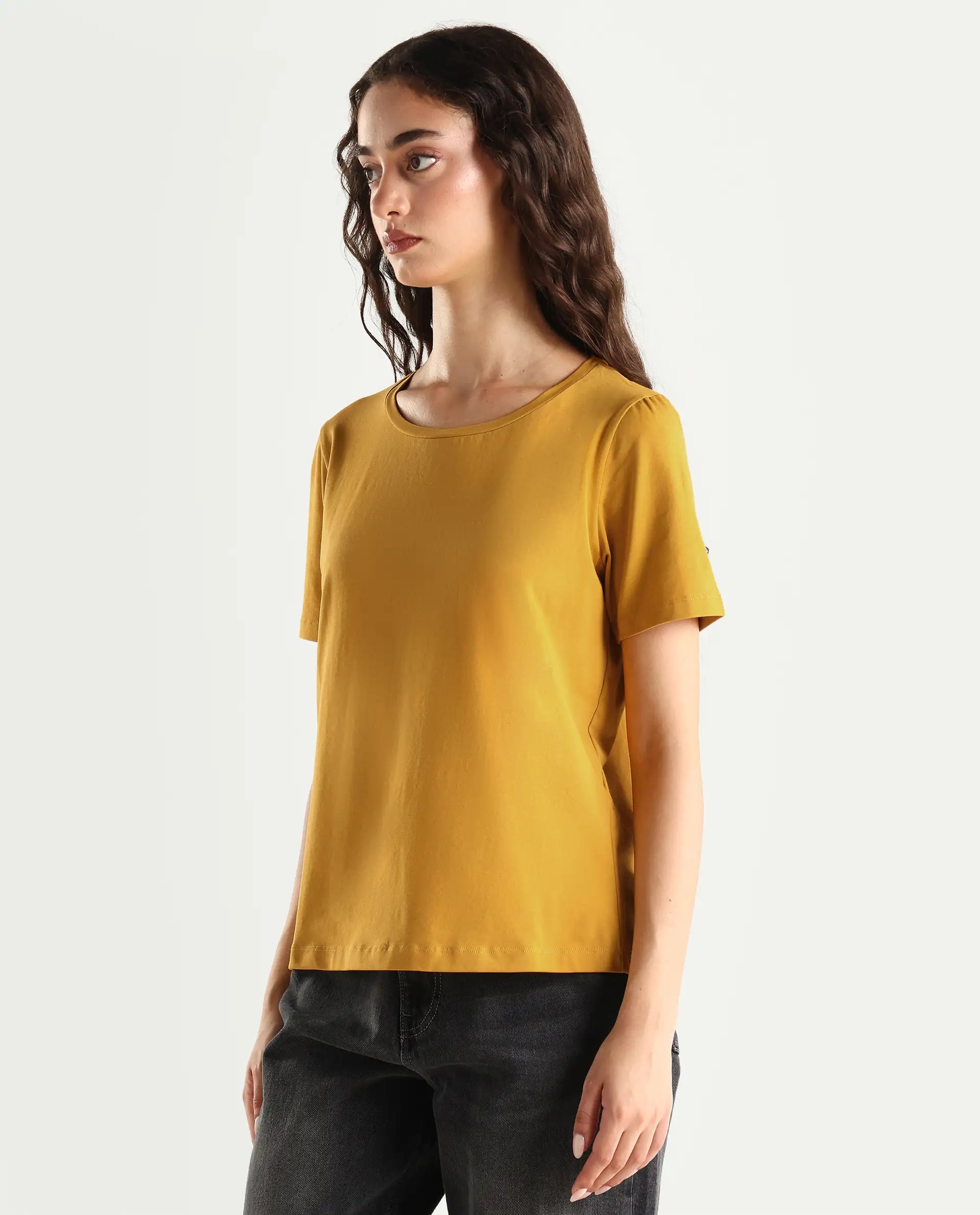 Rareism Women's Light Weight High Stretch 180 Gsm Cotton Crew Neck Plain Regular Fit T-Shirt
