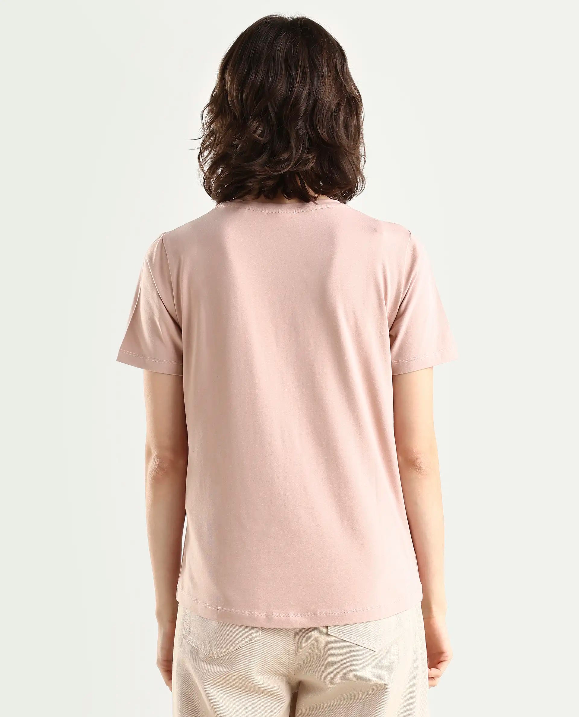 Rareism Women's Arvi Dusky Pink Cotton Blend V-Neck Plain Regular Fit T-Shirt