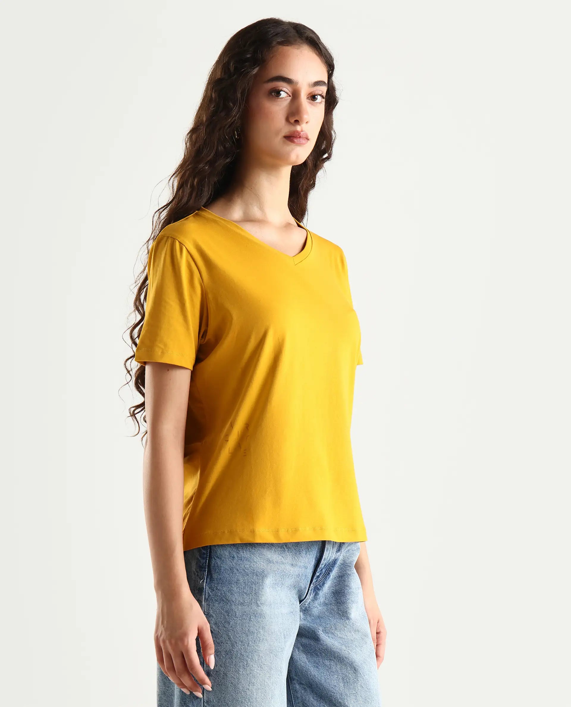 Rareism Women's Light Weight High Stretch 180 Gsm Cotton V-Neck Plain Regular Fit T-Shirt