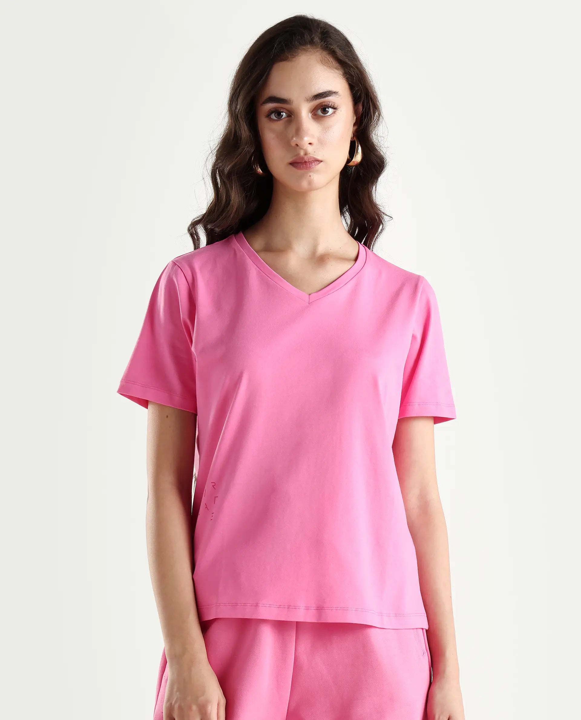 Rareism Women's Light Weight High Stretch 180 Gsm Cotton V-Neck Plain Regular Fit T-Shirt