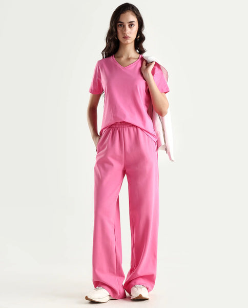 Buy Flame Pink V Neck T Shirt For Women 8907279447357