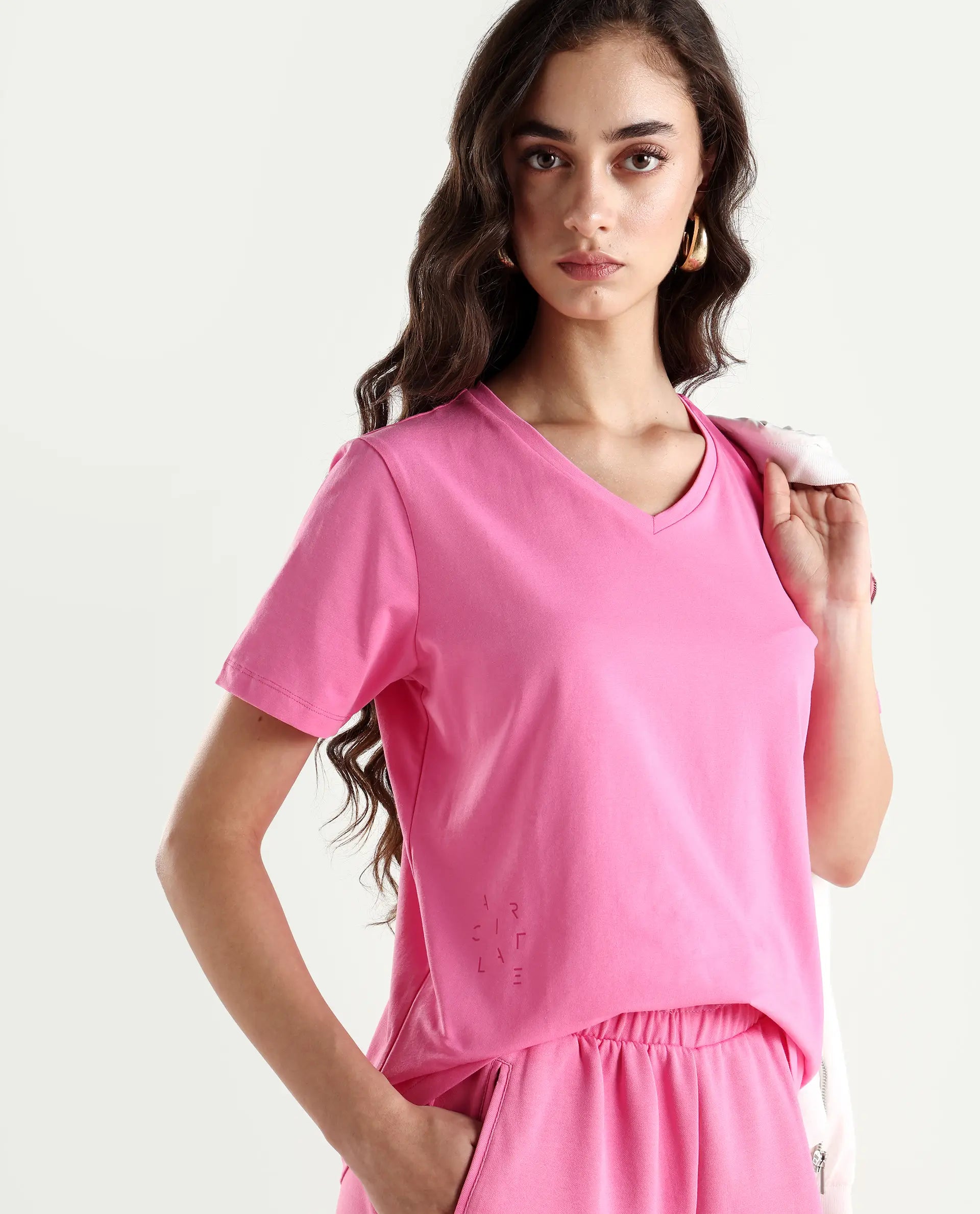 Rareism Women's Light Weight High Stretch 180 Gsm Cotton V-Neck Plain Regular Fit T-Shirt