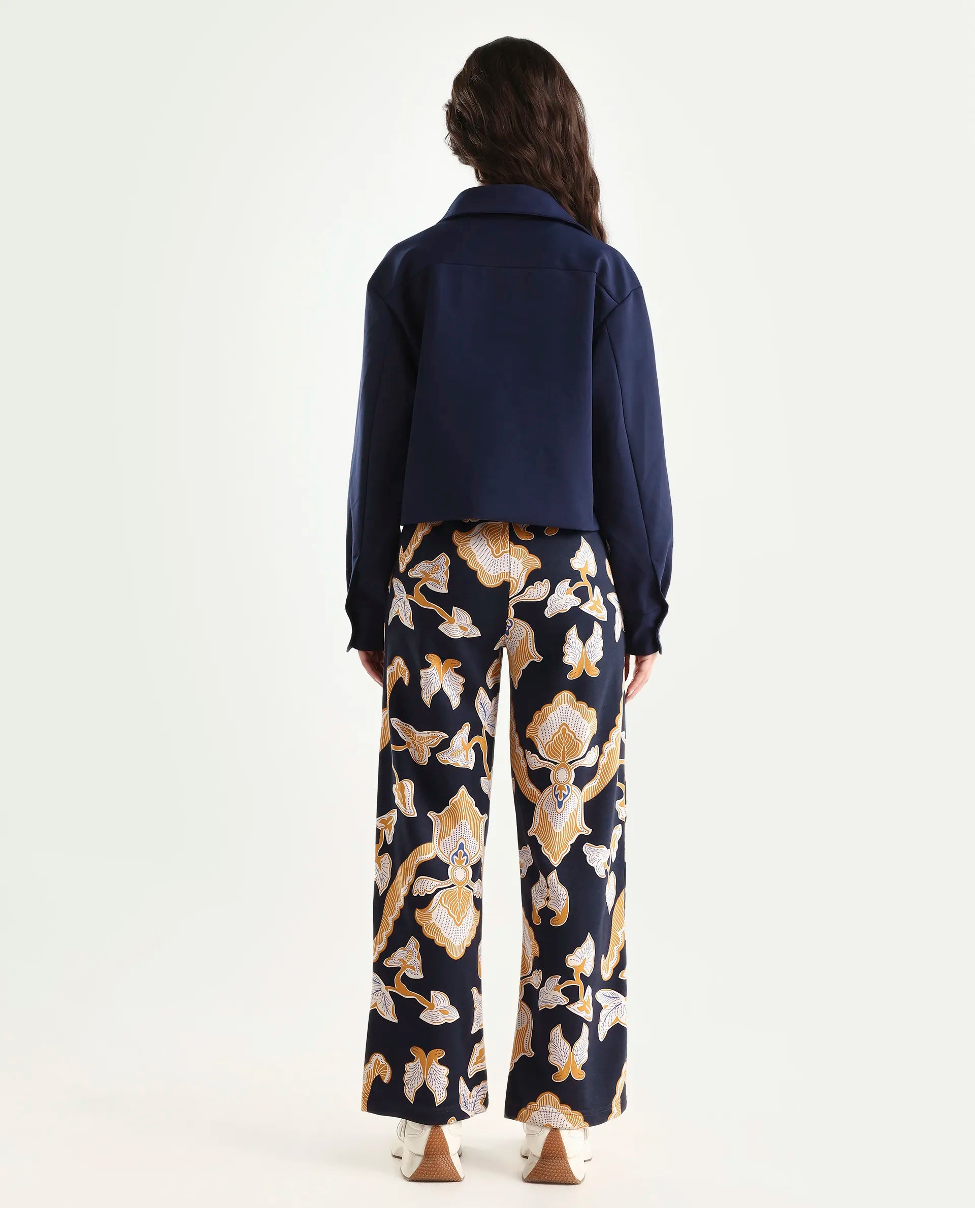 Rareism Women's Bogota Navy Cotton Abstract Print Ankle Length Relaxed Fit Track Pant
