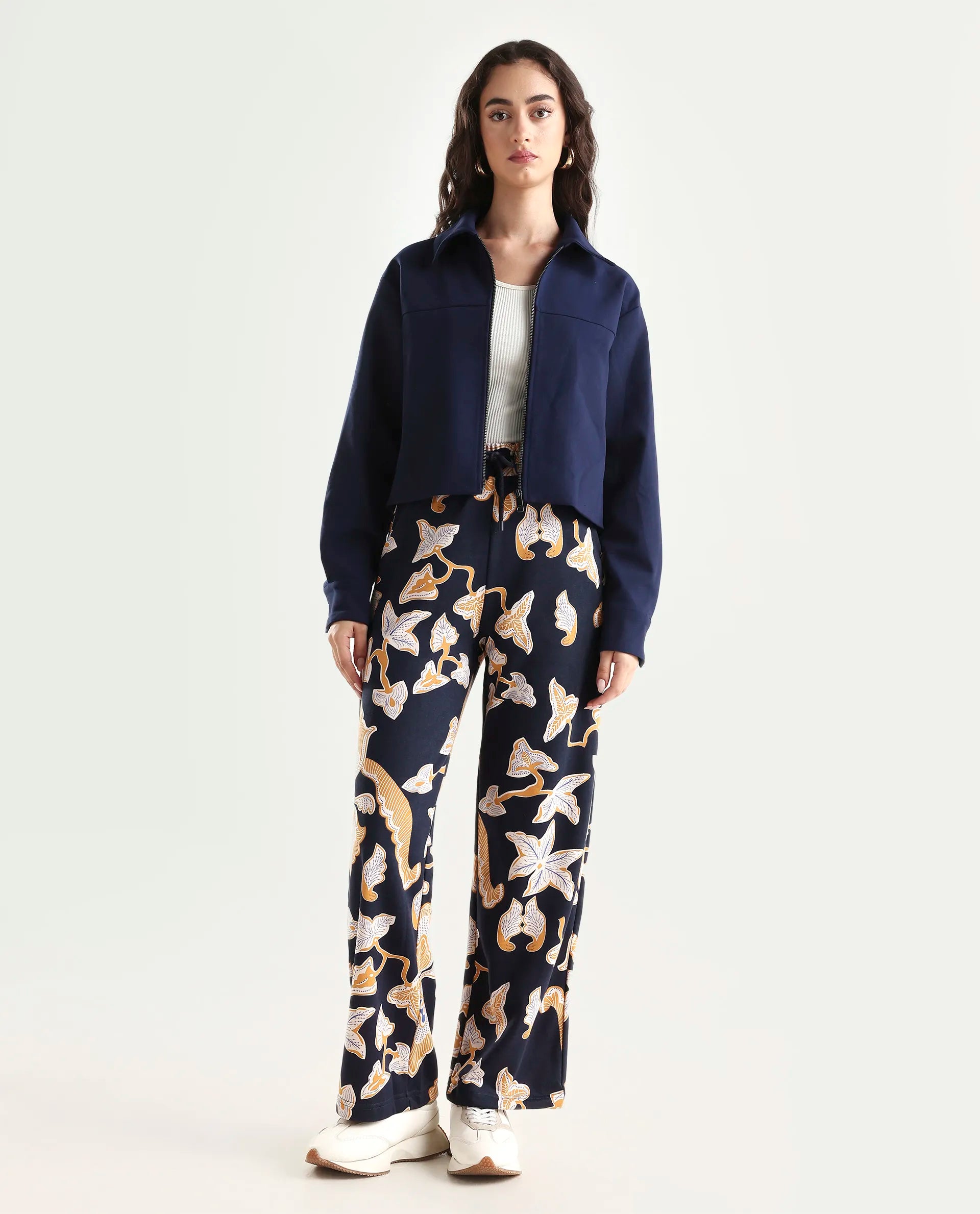 Rareism Women's Bogota Navy Cotton Abstract Print Ankle Length Relaxed Fit Track Pant