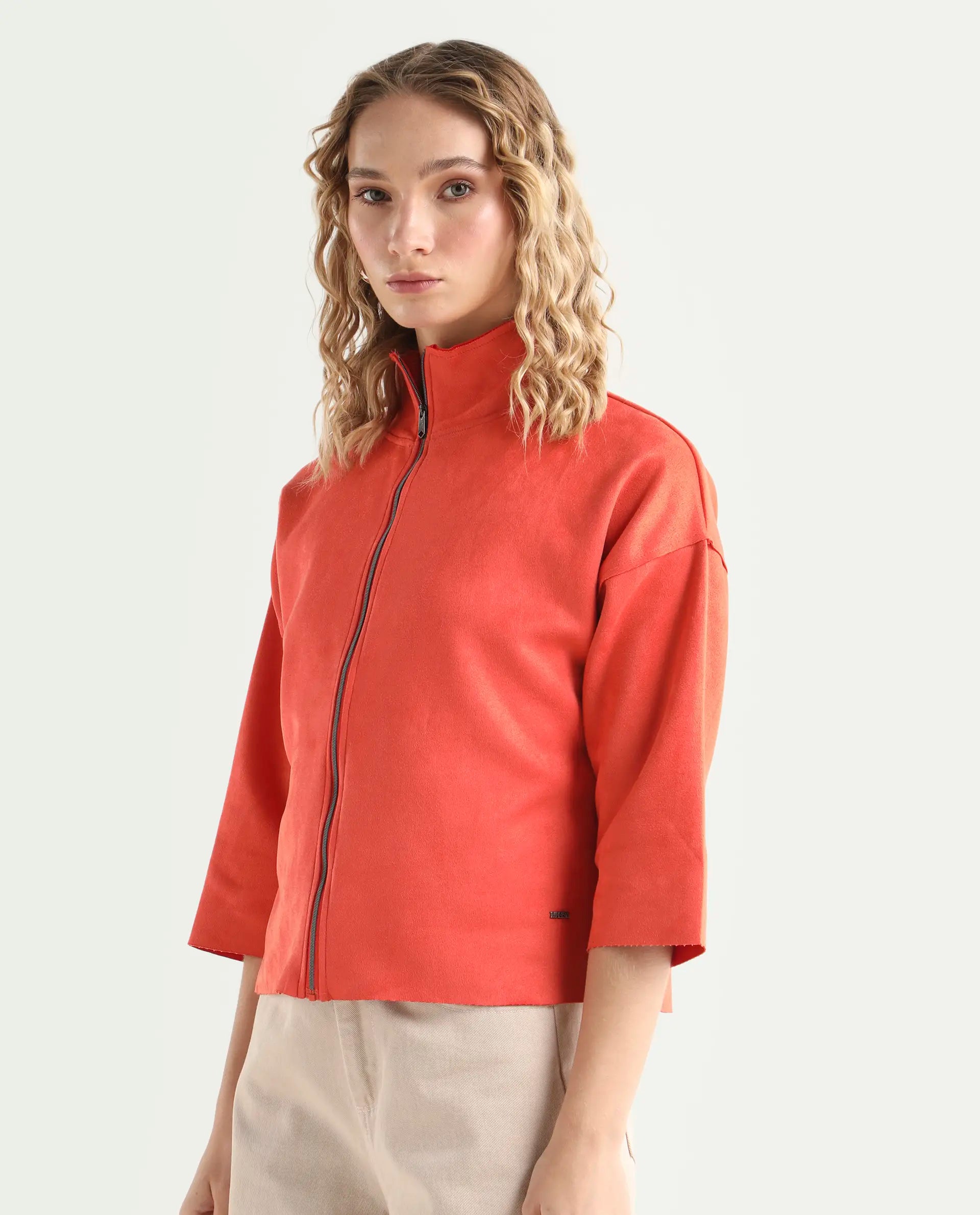Rareism Women's Vasu Orange Polyester High Neck Plain Regular Fit Jacket