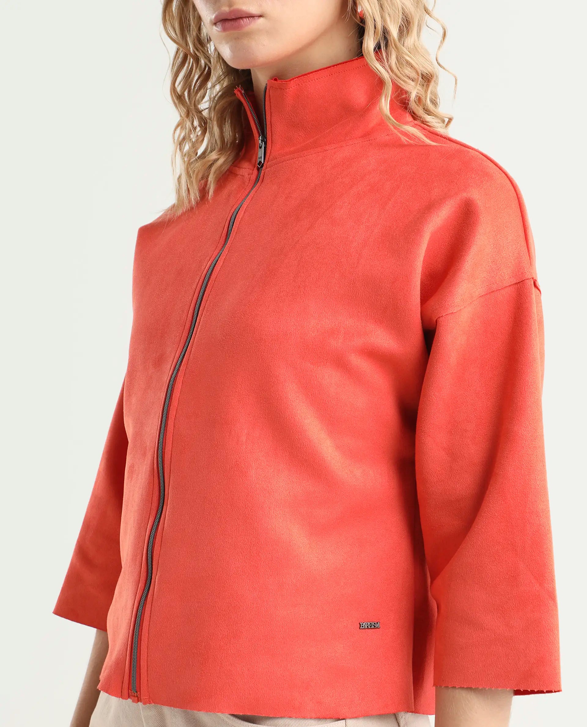 Rareism Women's Vasu Orange Polyester High Neck Plain Regular Fit Jacket