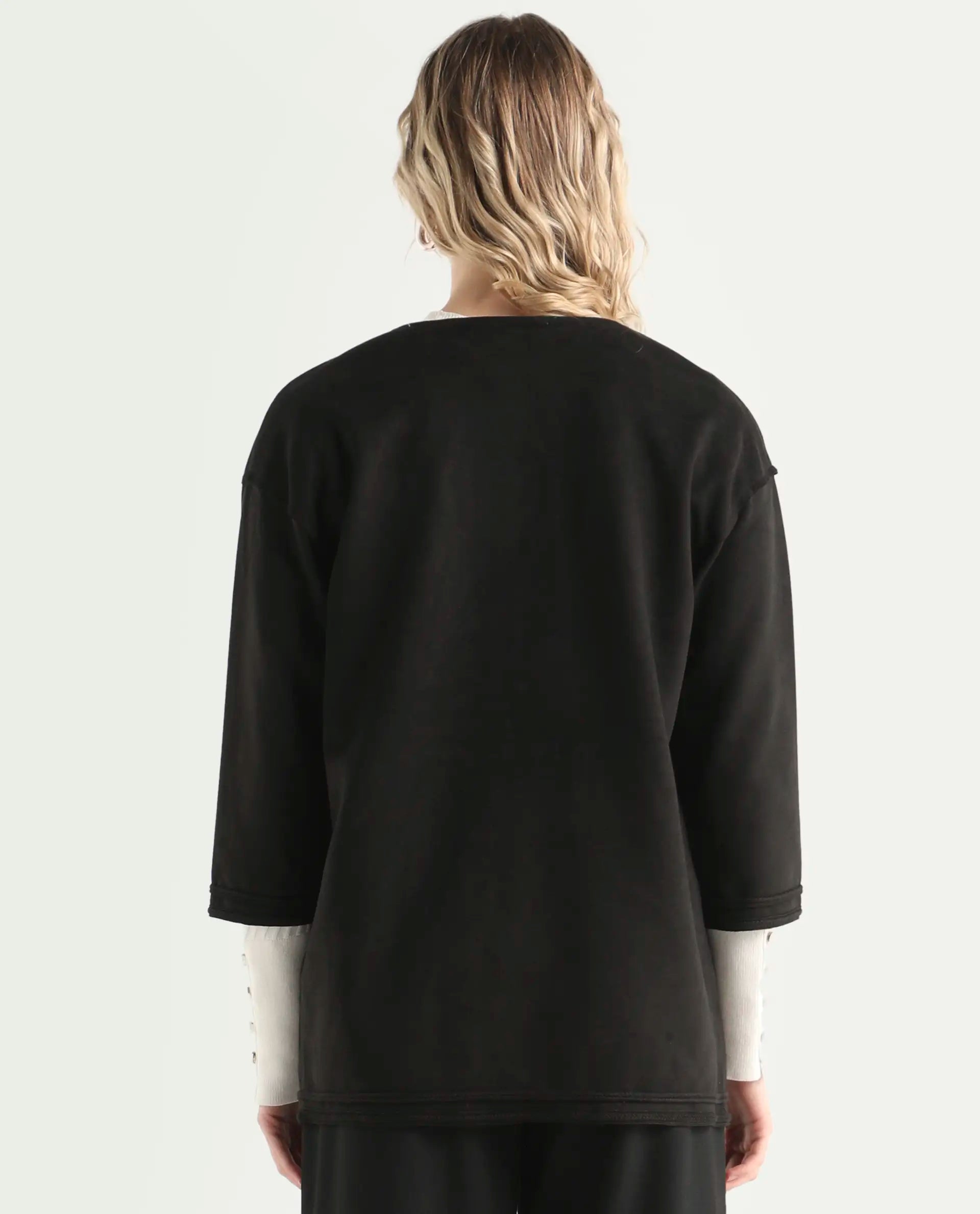 Rareism Women's Square Black Polyester Boat Neck Plain Regular Fit Jacket